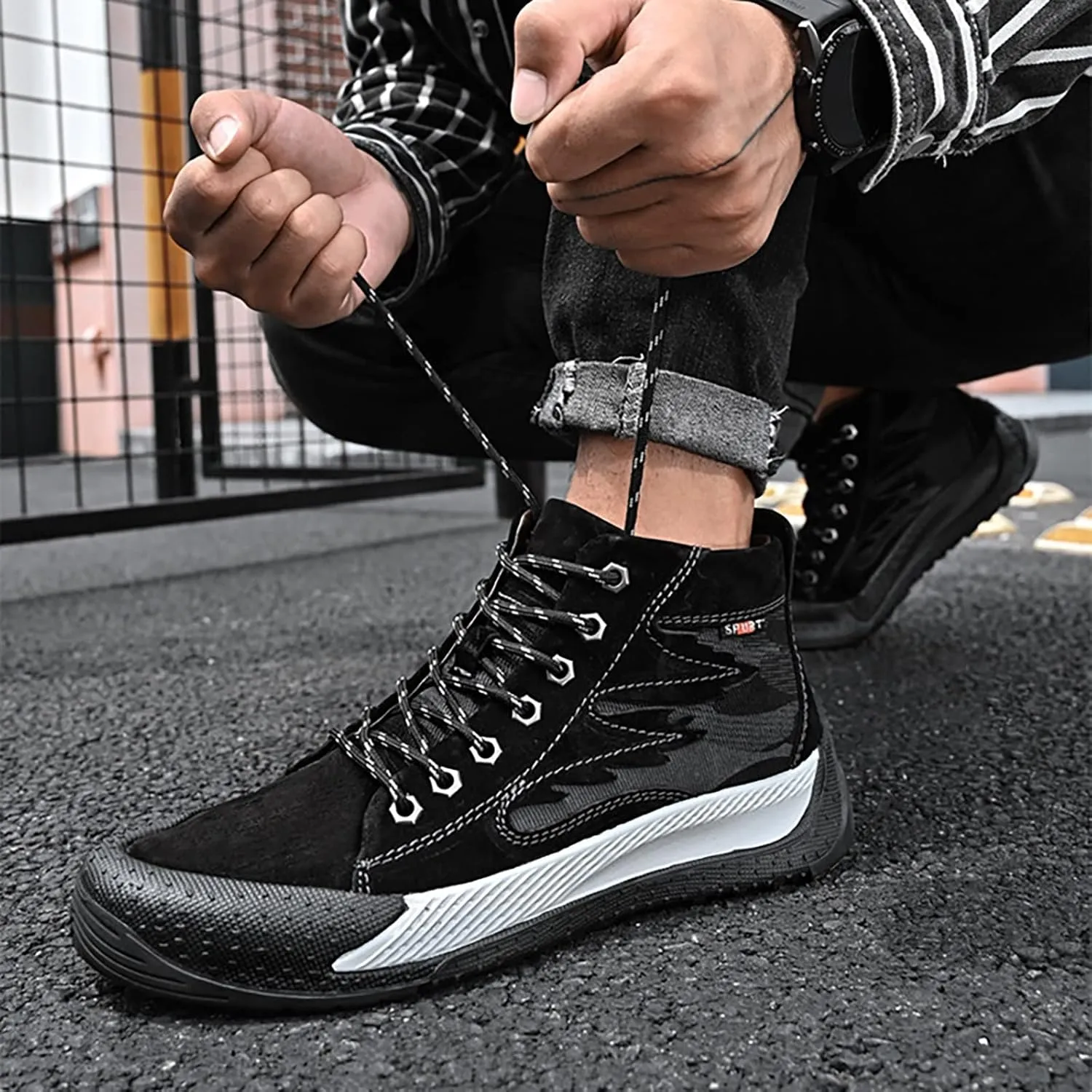 Shije Men's Hiking Sneakers Lace Up Lightweight Comfy Breathable Anti-Slip Walking for Indoor Outdoor Gym Travel