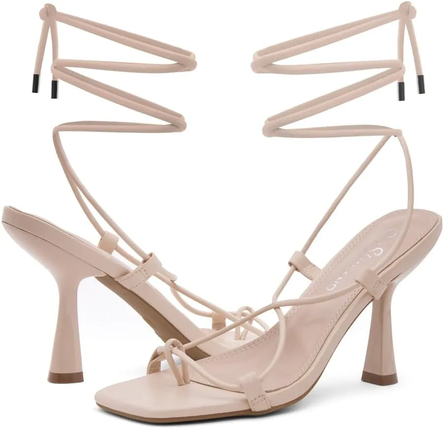 Shoe Land SL-Nadine Women's Lace-Up Heels, Square Open Toe Ankle-Wrapped Tie-Up Heeled Sandals, Dressy Stiletto Strappy Sandals for Prom, Party, and Wedding