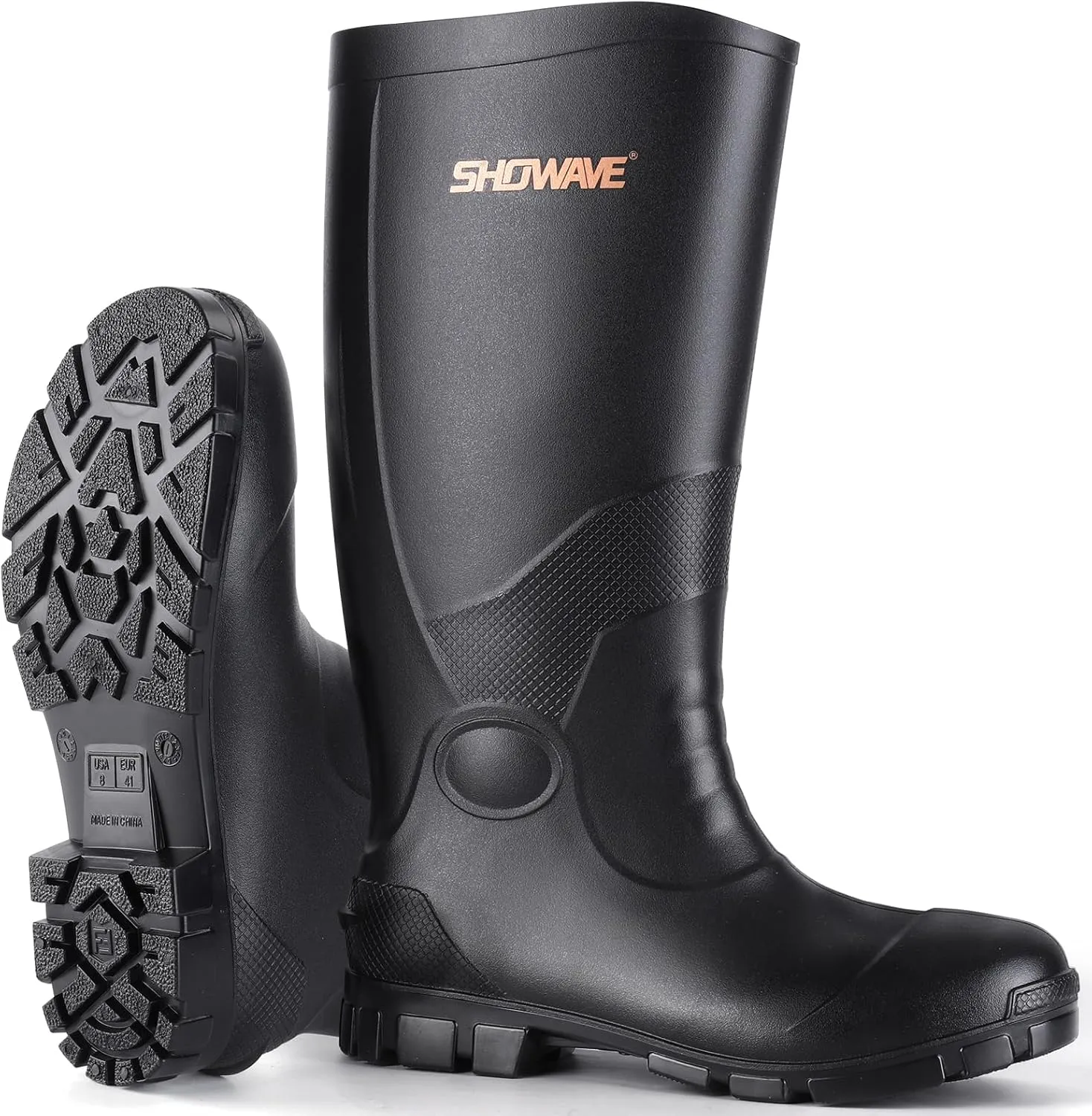 Showave Men's Rain Boots with Reinforced Steel Shank Waterproof Rubber Boots Durable Concrete Boot Outdoor Work Boots Lightweight Mud Boots Plain Toe for Agriculture Industrial