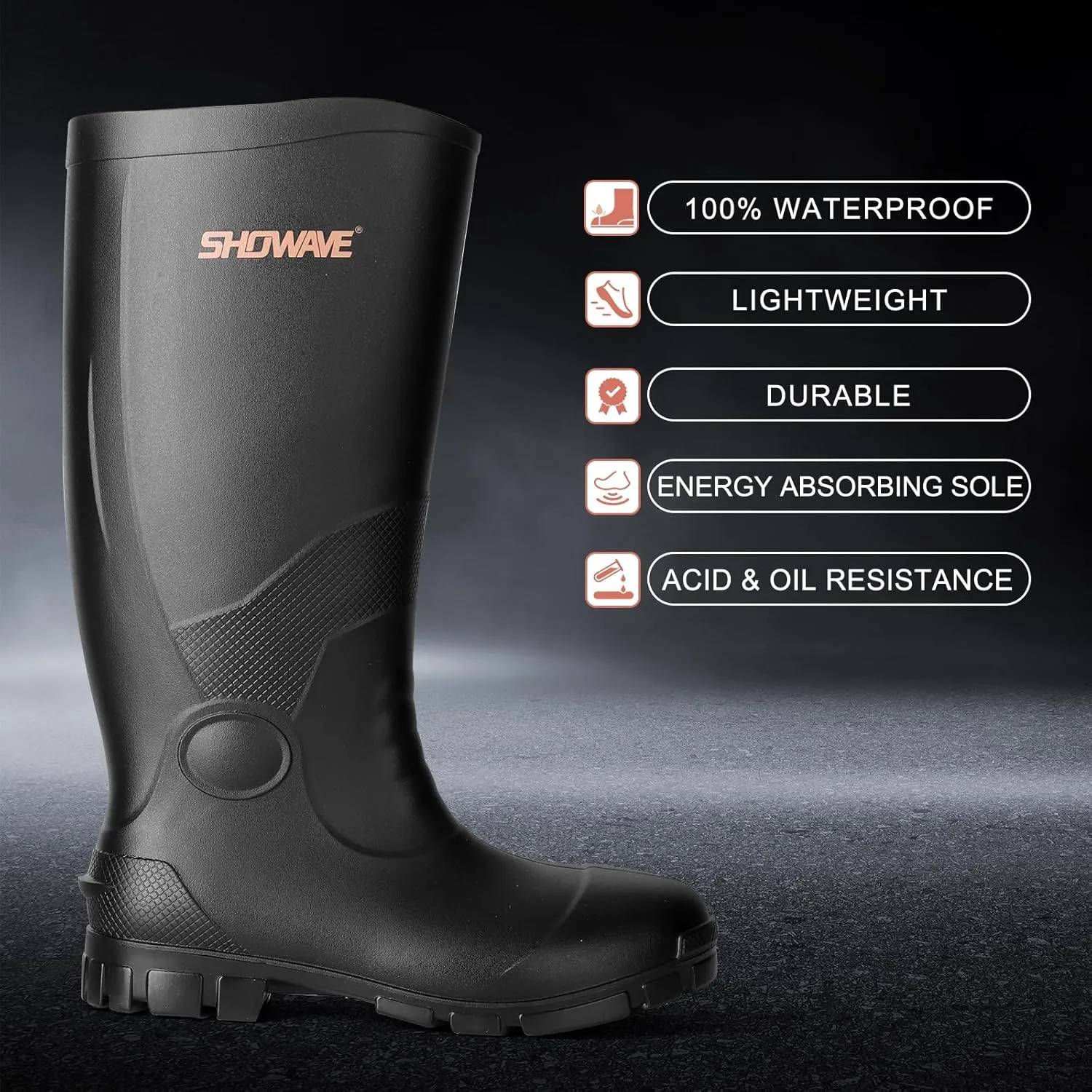 Showave Men's Rain Boots with Reinforced Steel Shank Waterproof Rubber Boots Durable Concrete Boot Outdoor Work Boots Lightweight Mud Boots Plain Toe for Agriculture Industrial