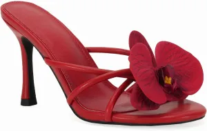 SIFINELAR Women's moth orchids Flower Strappy Kitten Heels Sandals Elegant Open Round Toe Slip On Slide Floral Slingback Mules Cute Wedding Vacation Party Summer Dress Shoes