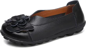 Slip on Loafers for Women Leather Flowers Loafers Comfortable Walking Work Flats Shoes Lightweight Soft Sole Flat Shoes Round Toe Summer Shoe