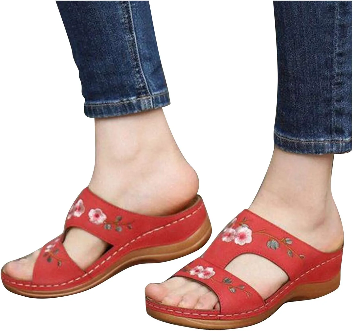Slip on Sandals for Women Comfortable Casual Flower Embroidery Wedge Platform Slipper Summer Hollow Breathable Open Toe Platform Beach Shoes
