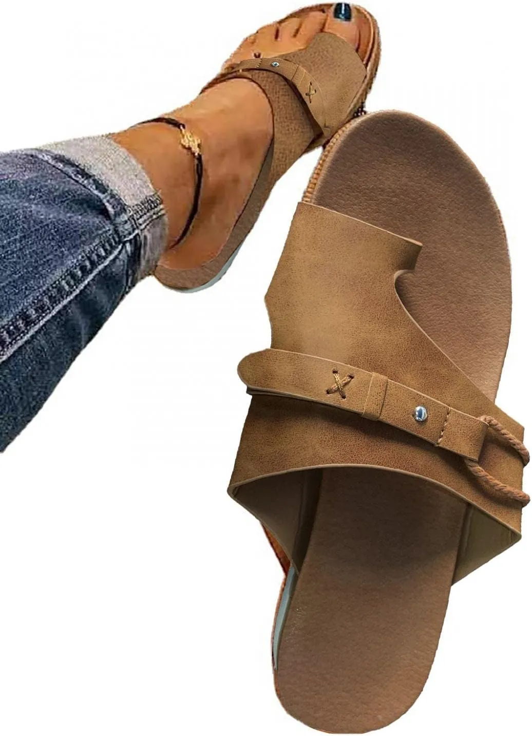 Slip Sole Sandals for Women Flats Novelty Comfy Toe Ring Open Toe Studded Rope Slip-on Flip Flops Summer Lightweight Casual Outdoor Beach Shoes
