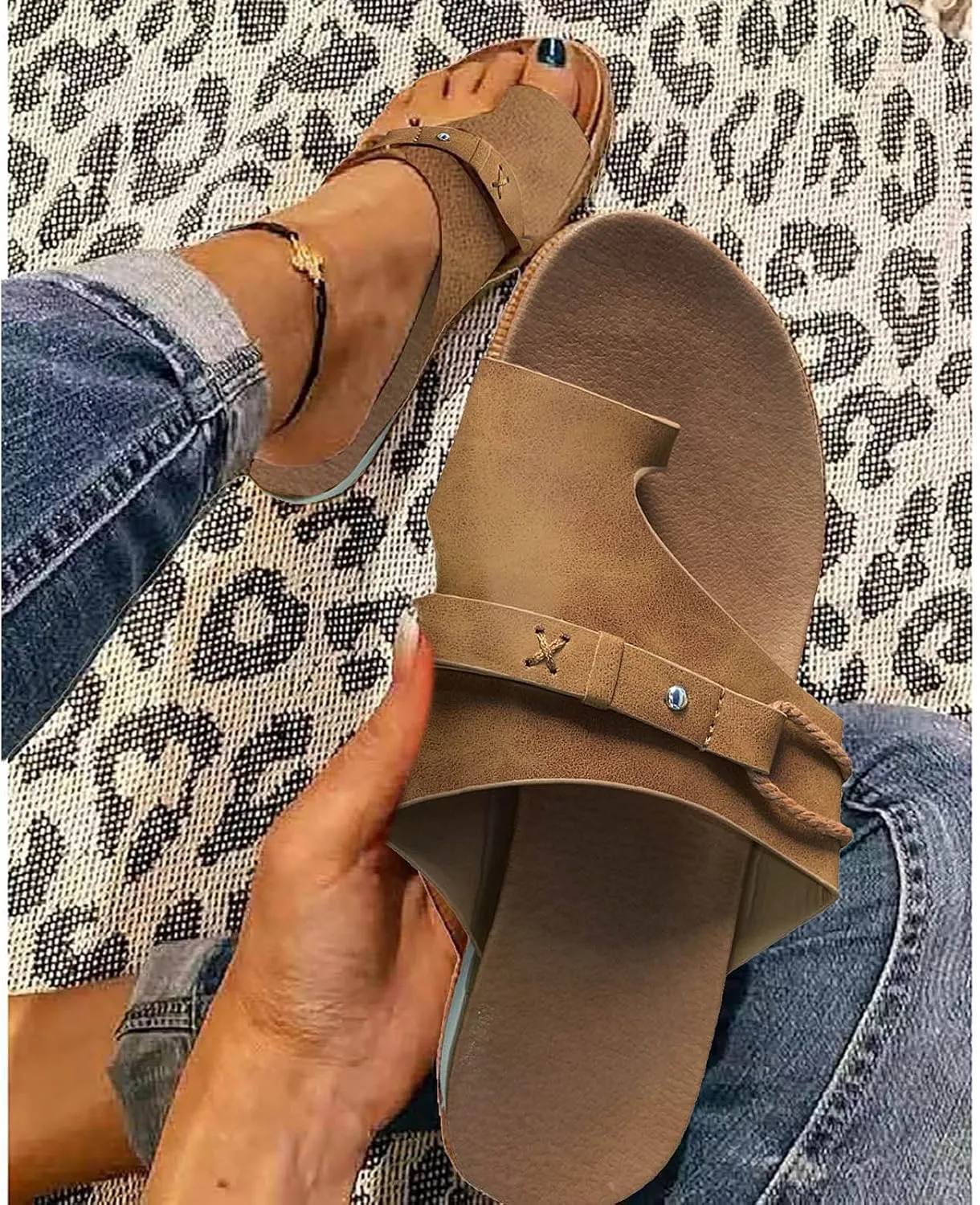 Slip Sole Sandals for Women Flats Novelty Comfy Toe Ring Open Toe Studded Rope Slip-on Flip Flops Summer Lightweight Casual Outdoor Beach Shoes