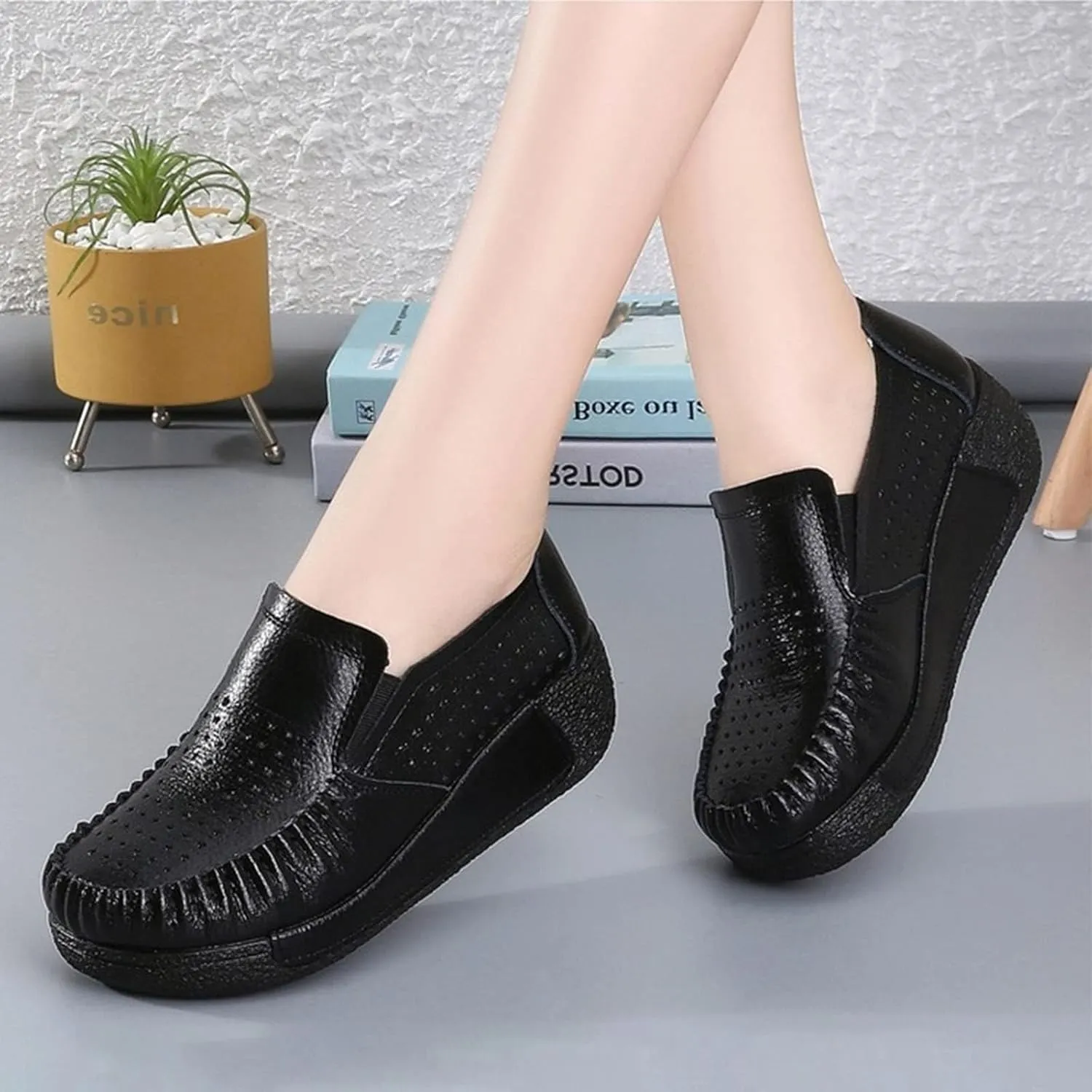 SoraBra Women's Slip on Platform Wedge Sneakers,Casual Cozy Cutout Leather Flat Loafers Wide Orthopaedic Walking Shoes