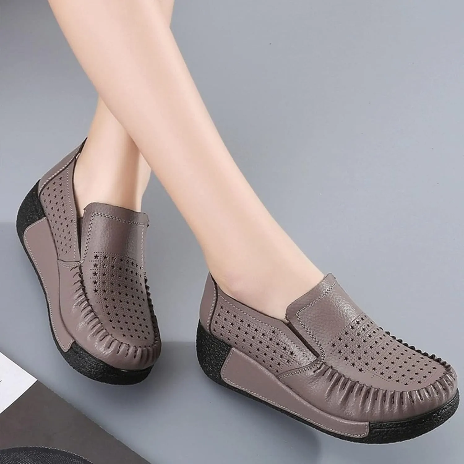 SoraBra Women's Slip on Platform Wedge Sneakers,Casual Cozy Cutout Leather Flat Loafers Wide Orthopaedic Walking Shoes