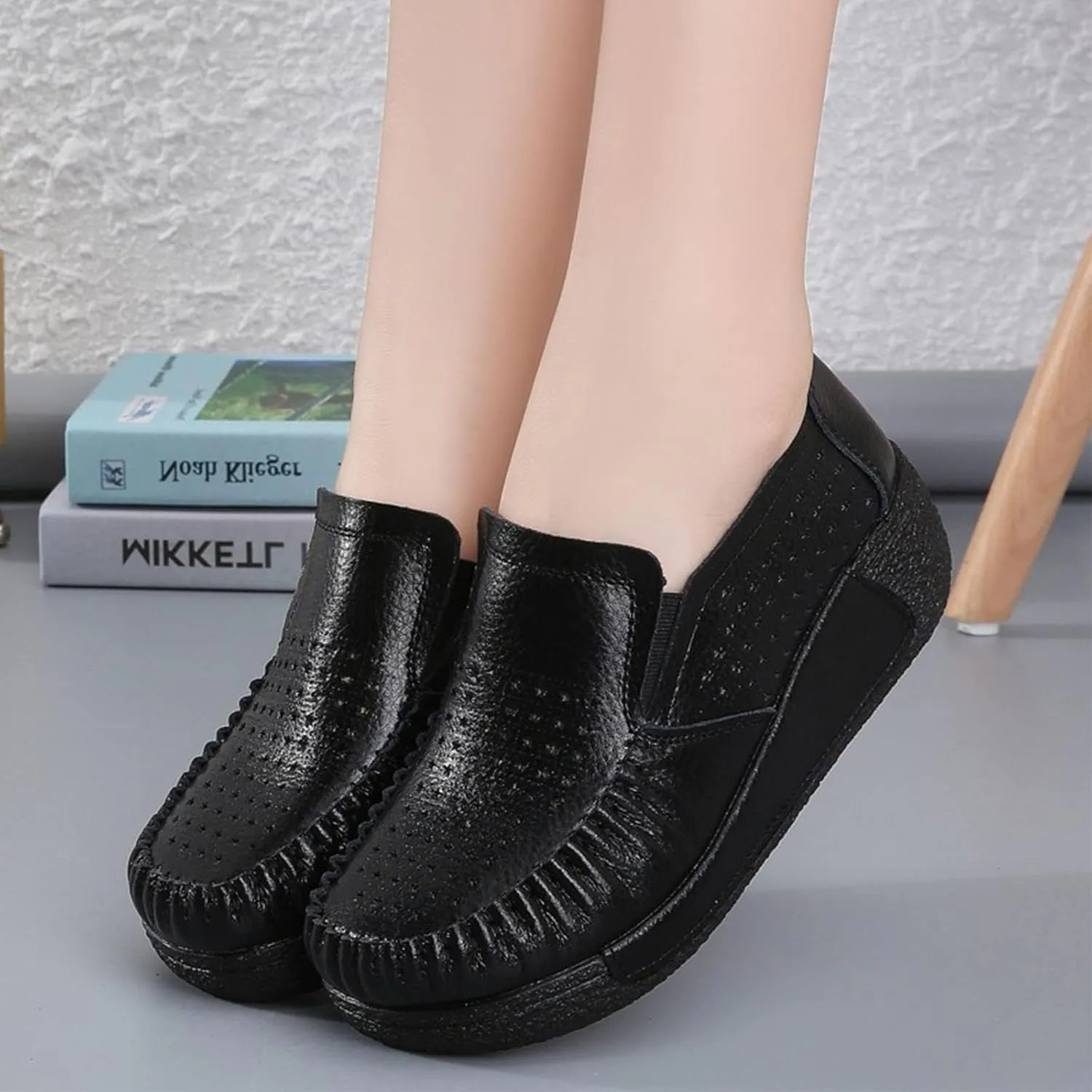 SoraBra Women's Slip on Platform Wedge Sneakers,Casual Cozy Cutout Leather Flat Loafers Wide Orthopaedic Walking Shoes