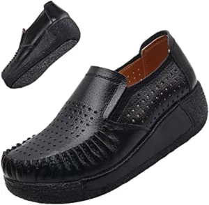 SoraBra Women's Slip on Platform Wedge Sneakers,Casual Cozy Cutout Leather Flat Loafers Wide Orthopaedic Walking Shoes