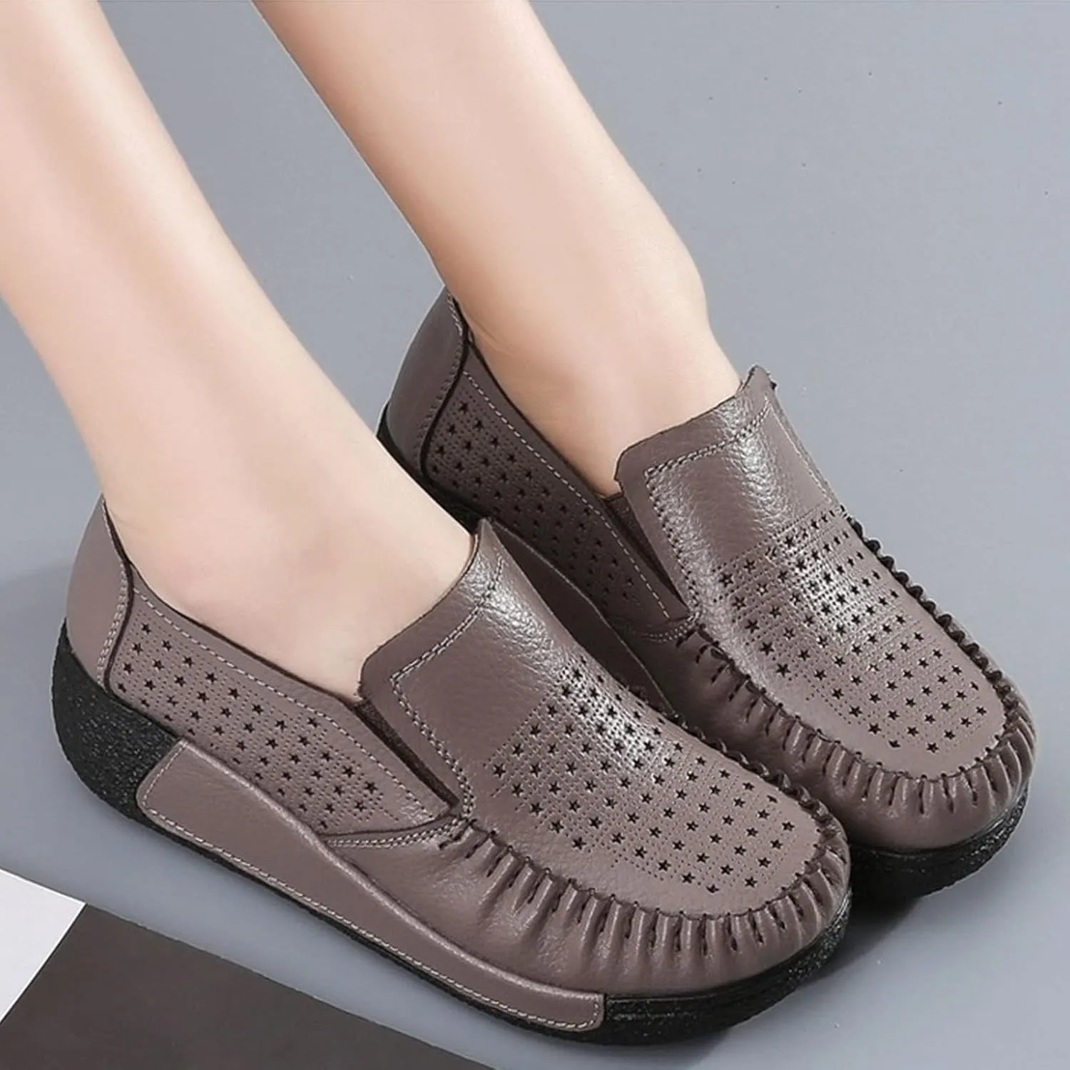 SoraBra Women's Slip on Platform Wedge Sneakers,Casual Cozy Cutout Leather Flat Loafers Wide Orthopaedic Walking Shoes
