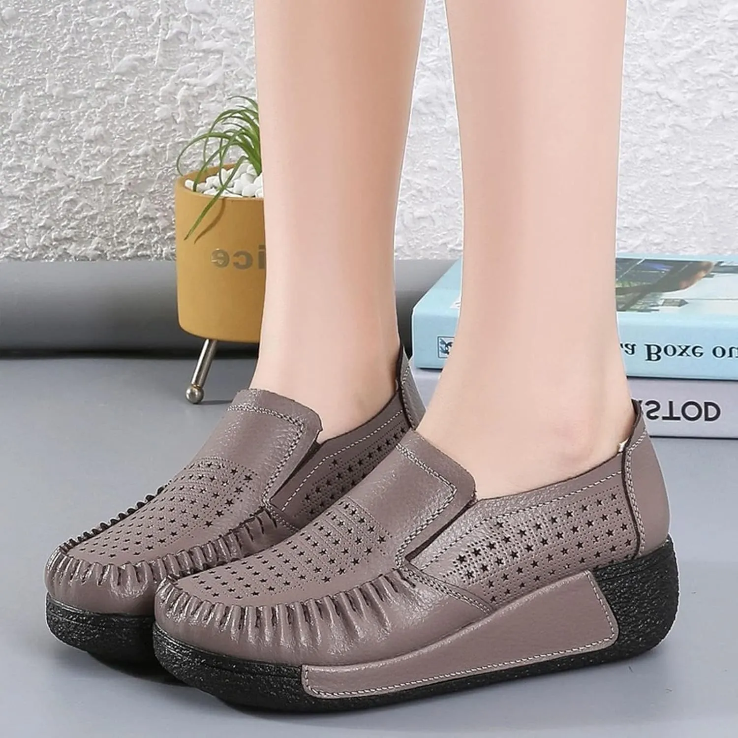SoraBra Women's Slip on Platform Wedge Sneakers,Casual Cozy Cutout Leather Flat Loafers Wide Orthopaedic Walking Shoes