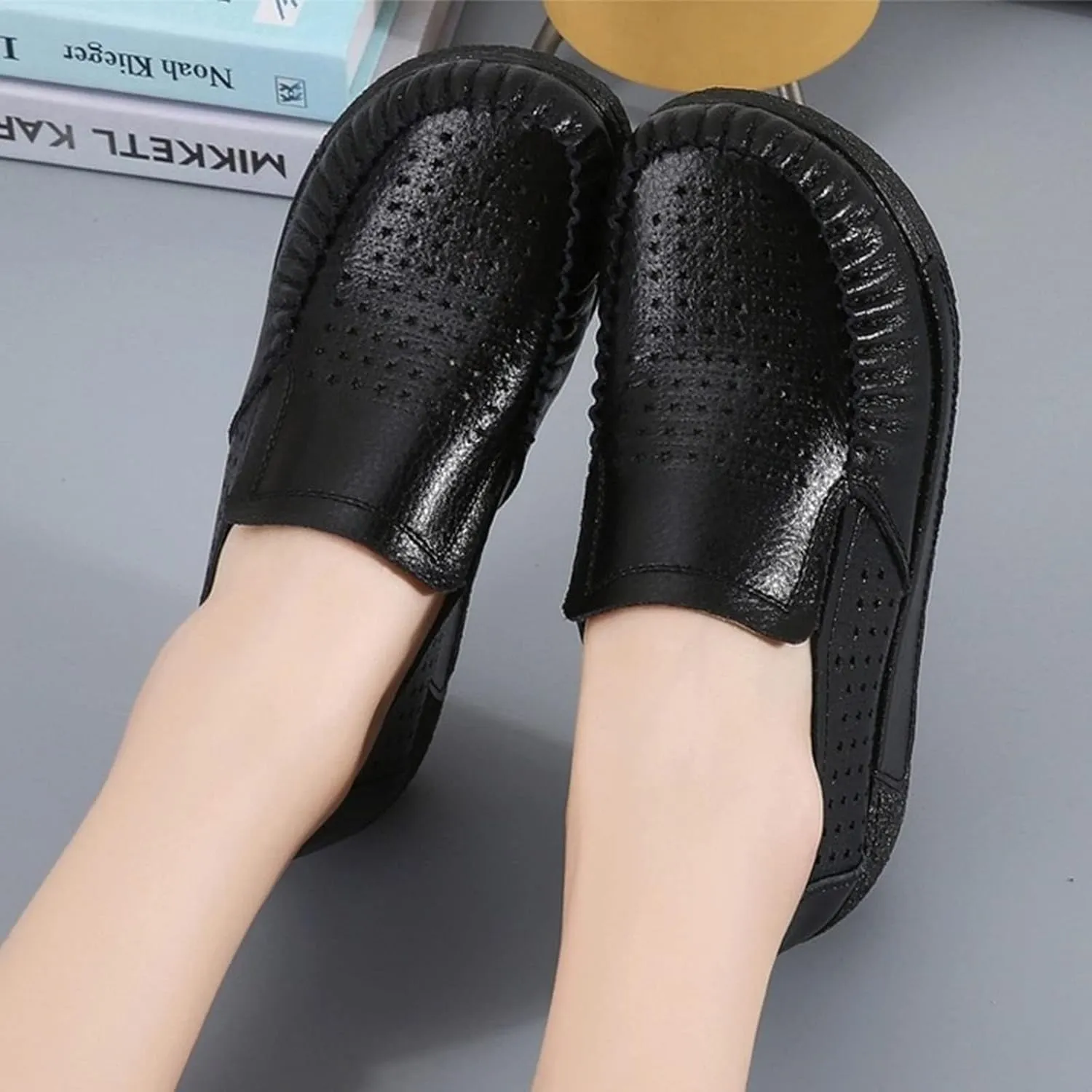 SoraBra Women's Slip on Platform Wedge Sneakers,Casual Cozy Cutout Leather Flat Loafers Wide Orthopaedic Walking Shoes