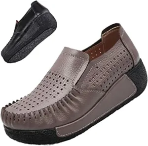 SoraBra Women's Slip on Platform Wedge Sneakers,Casual Cozy Cutout Leather Flat Loafers Wide Orthopaedic Walking Shoes