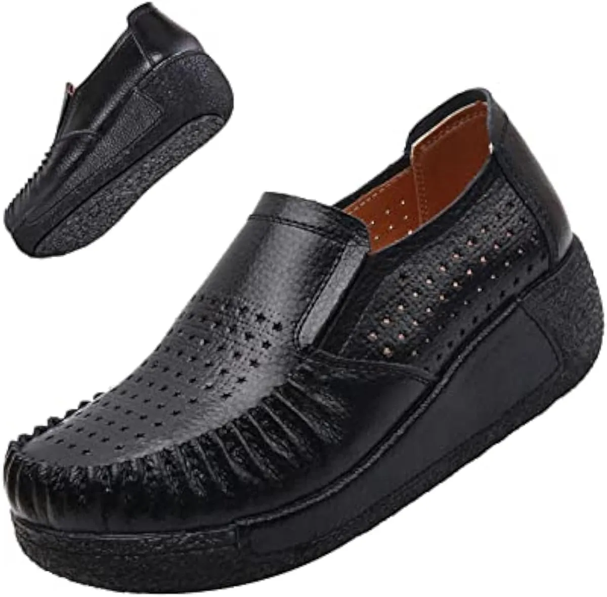 SoraBra Women's Slip on Platform Wedge Sneakers,Casual Cozy Cutout Leather Flat Loafers Wide Orthopaedic Walking Shoes