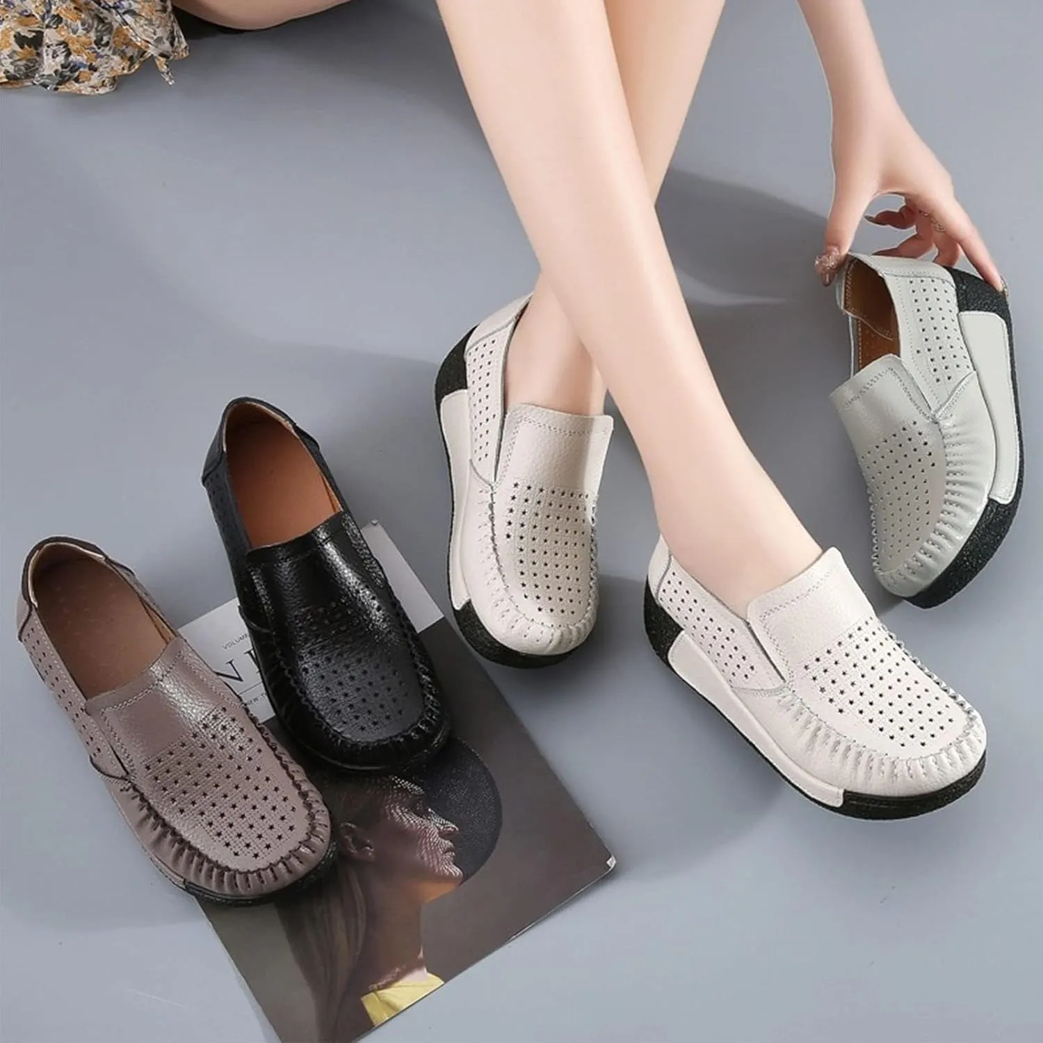 SoraBra Women's Slip on Platform Wedge Sneakers,Casual Cozy Cutout Leather Flat Loafers Wide Orthopaedic Walking Shoes