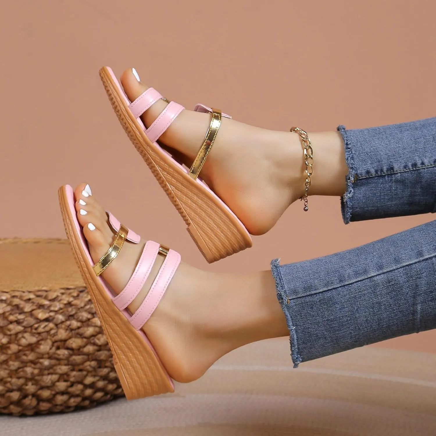 Sparkly Sandals for Women 2025 Low Heel Open Toe Non Slip Espadrilles Wedges Fashion Color Block Beach Wedge Slides