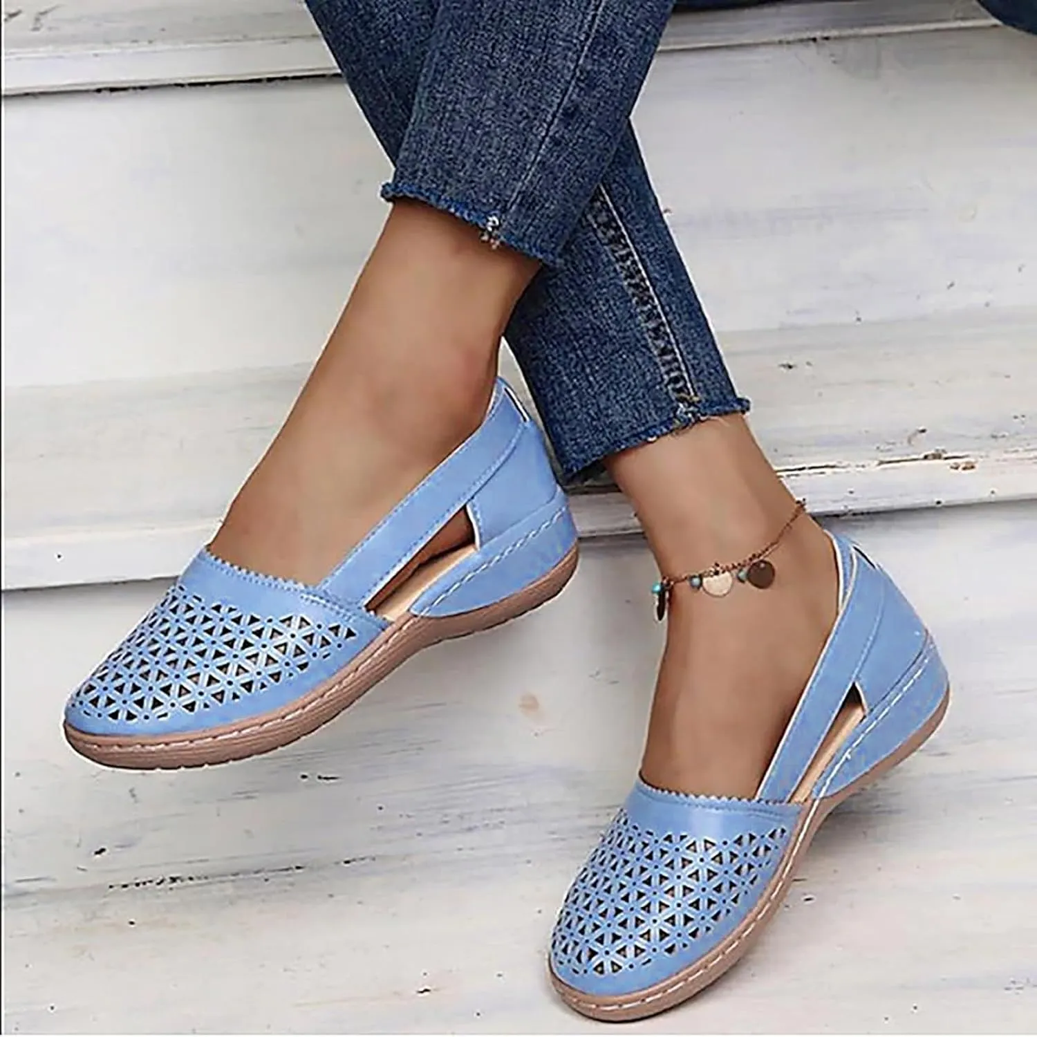 SuanlaTDS Closed Toe Sandals for Women 2025 Platform Soft Sole Spring Summer Work Shoes Comfortable Casual Hollow Out Loafers Dressy Low Heel Wedges Slip-on Outdoor Beach Walking Sandal