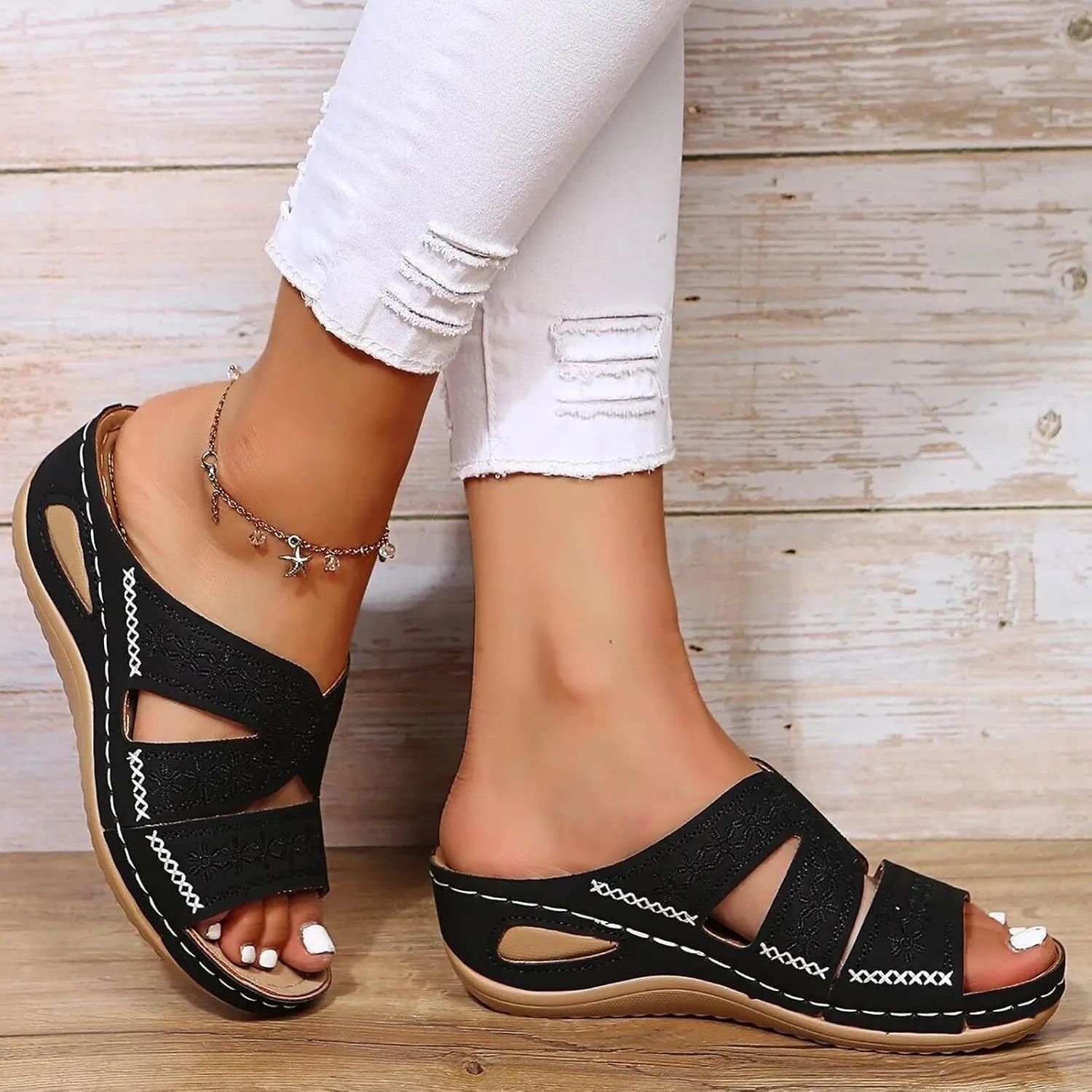 SuanlaTDS Orthopedic Sandals for Women Dressy Wedge Sandals with Arch Support Womens Slip On Platform Casual Outdoor Walking Wide Width Open Toe Summer Comfortable Beach Shoes