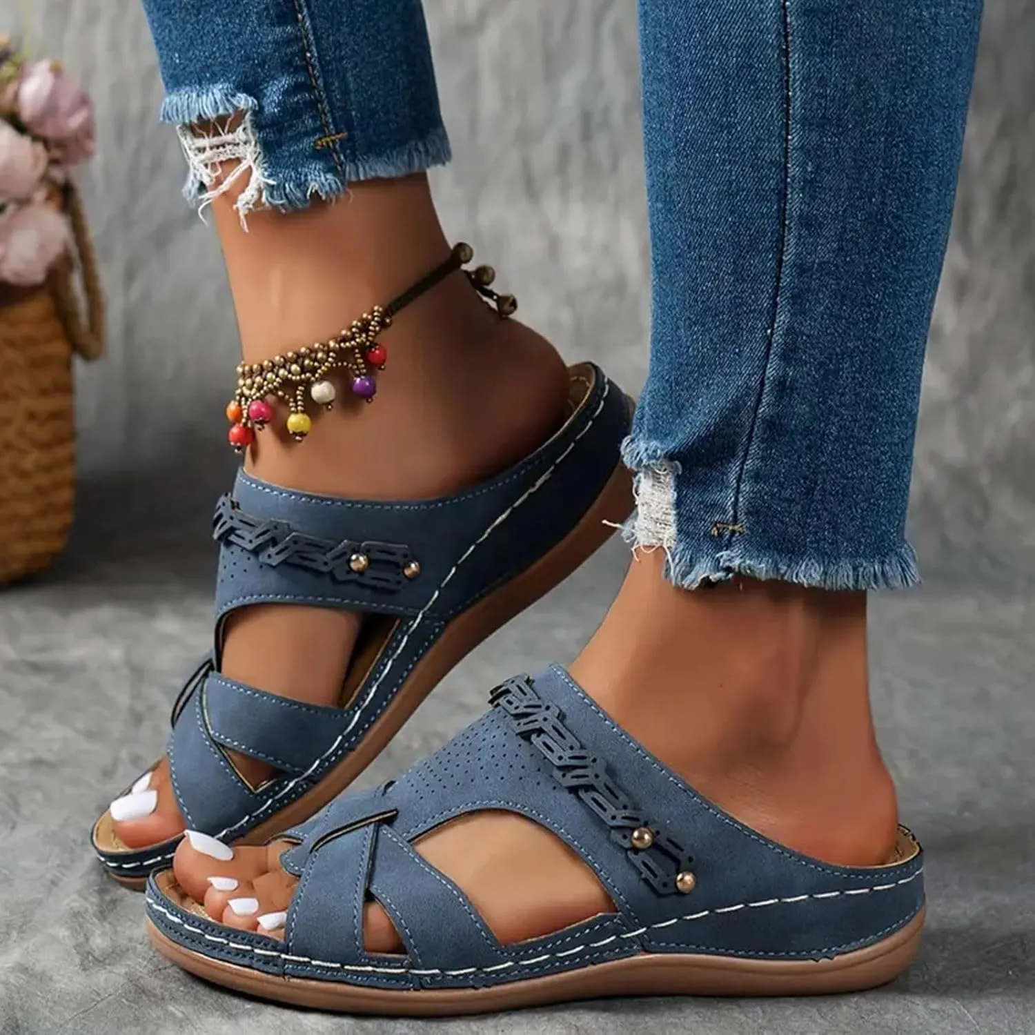 SuanlaTDS Orthopedic Sandals for Womens 2025 Summer Dressy Arch Support Flat Slip-on Casual Beach Wedge Platform Slides Comfortable Walking Shoes Low Heel Wedges Outdoor Sandal