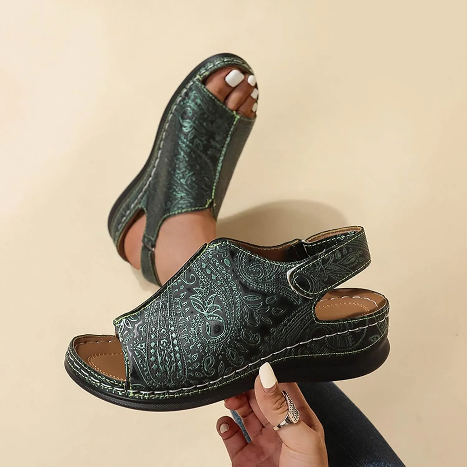 SuanlaTDS Orthopedic Wedge Sandals for Women Summer Dressy Open Toe Hook & Loop Closure Ankle Strap Platform Casual Comfortable Wedges Low Heels Arch Support Wide Width Walking Shoes