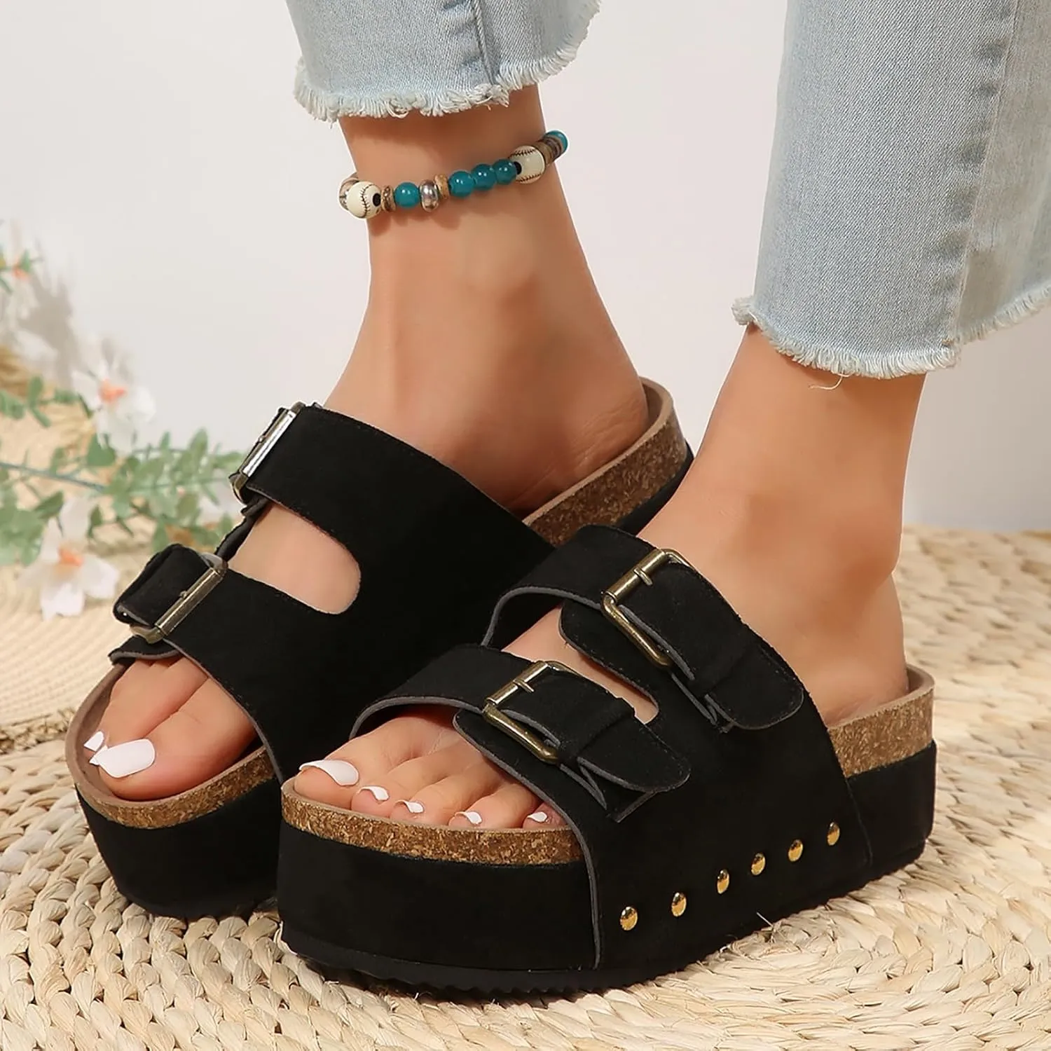 SuanlaTDS Platform Sandals for Women Open Toe Thick Sole Low Heel Slides Sandals Wedge Slip On Slippers Summer Beach Casual Chunky Heels Wedges Flatform Walking Shoes Footwear