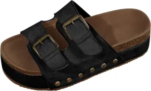 SuanlaTDS Platform Sandals for Women Open Toe Thick Sole Low Heel Slides Sandals Wedge Slip On Slippers Summer Beach Casual Chunky Heels Wedges Flatform Walking Shoes Footwear