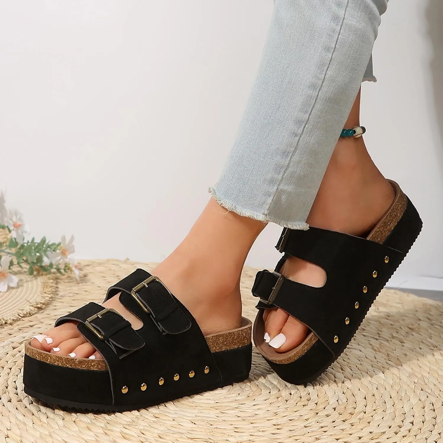 SuanlaTDS Platform Sandals for Women Open Toe Thick Sole Low Heel Slides Sandals Wedge Slip On Slippers Summer Beach Casual Chunky Heels Wedges Flatform Walking Shoes Footwear