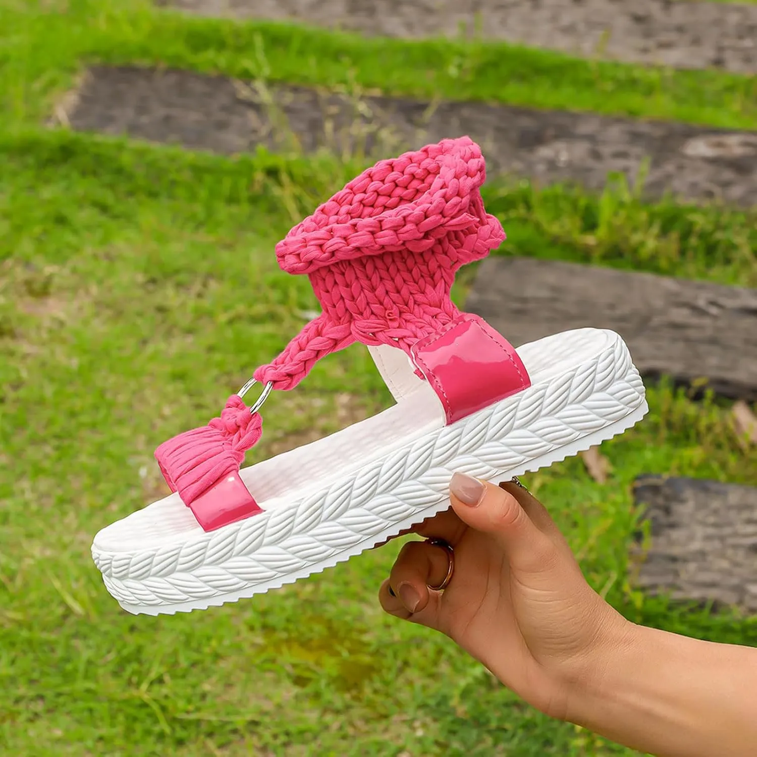 SuanlaTDS PlatformSandals for Women Comfortable Knitted Ankle Wrap Open Toe Slip On Slides Thick Sole Low heels Casual Summer Beach Outdoor Walking Gladiator Sandal Roman Shoes
