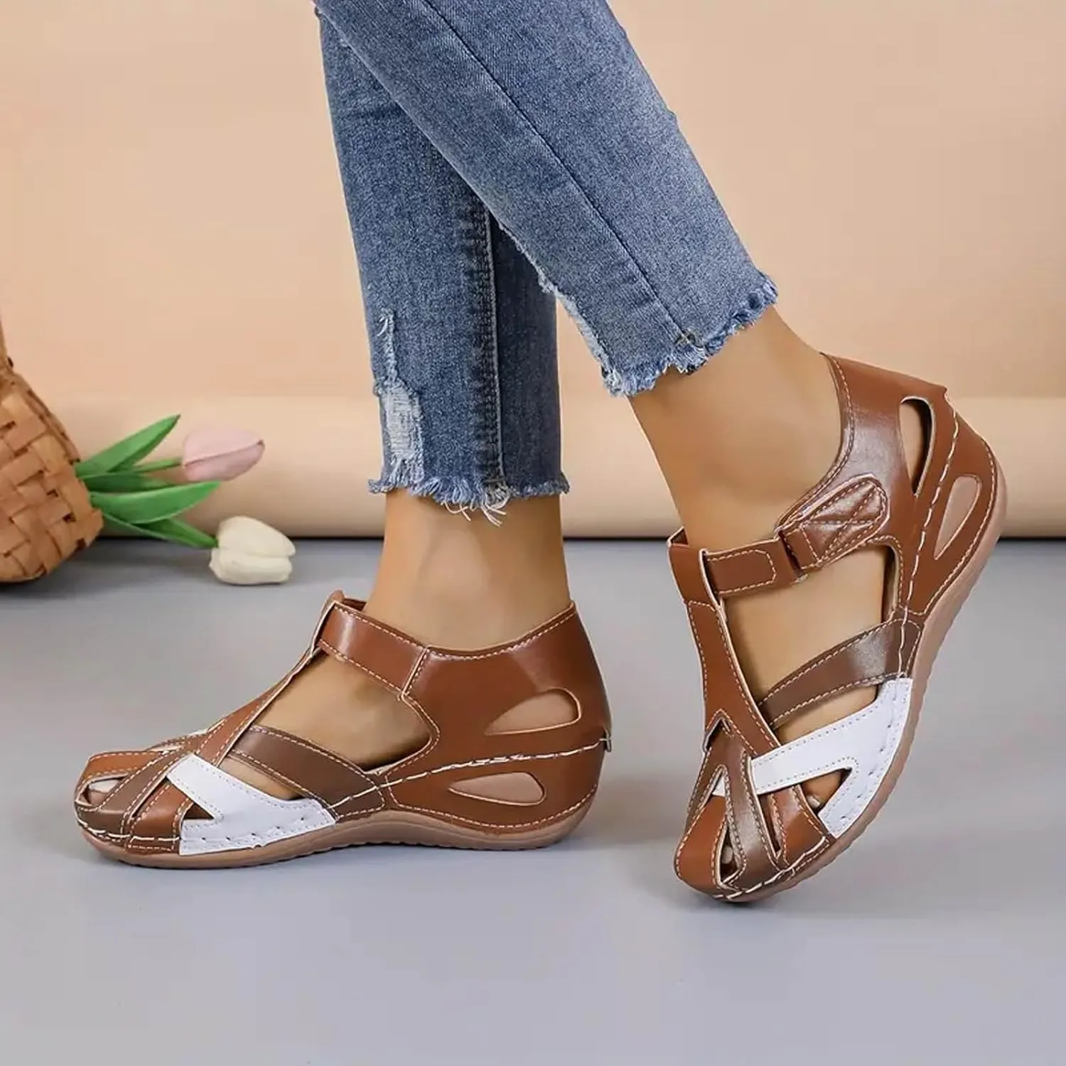 SuanlaTDS Wedge Sandals for Women Comfortable Flat Closed Toe Fisherman Bohemian Wedges Platform Summer Sandals Causal Hollow Out Ankle Strap Low Heels Outdoor Walking Shoes