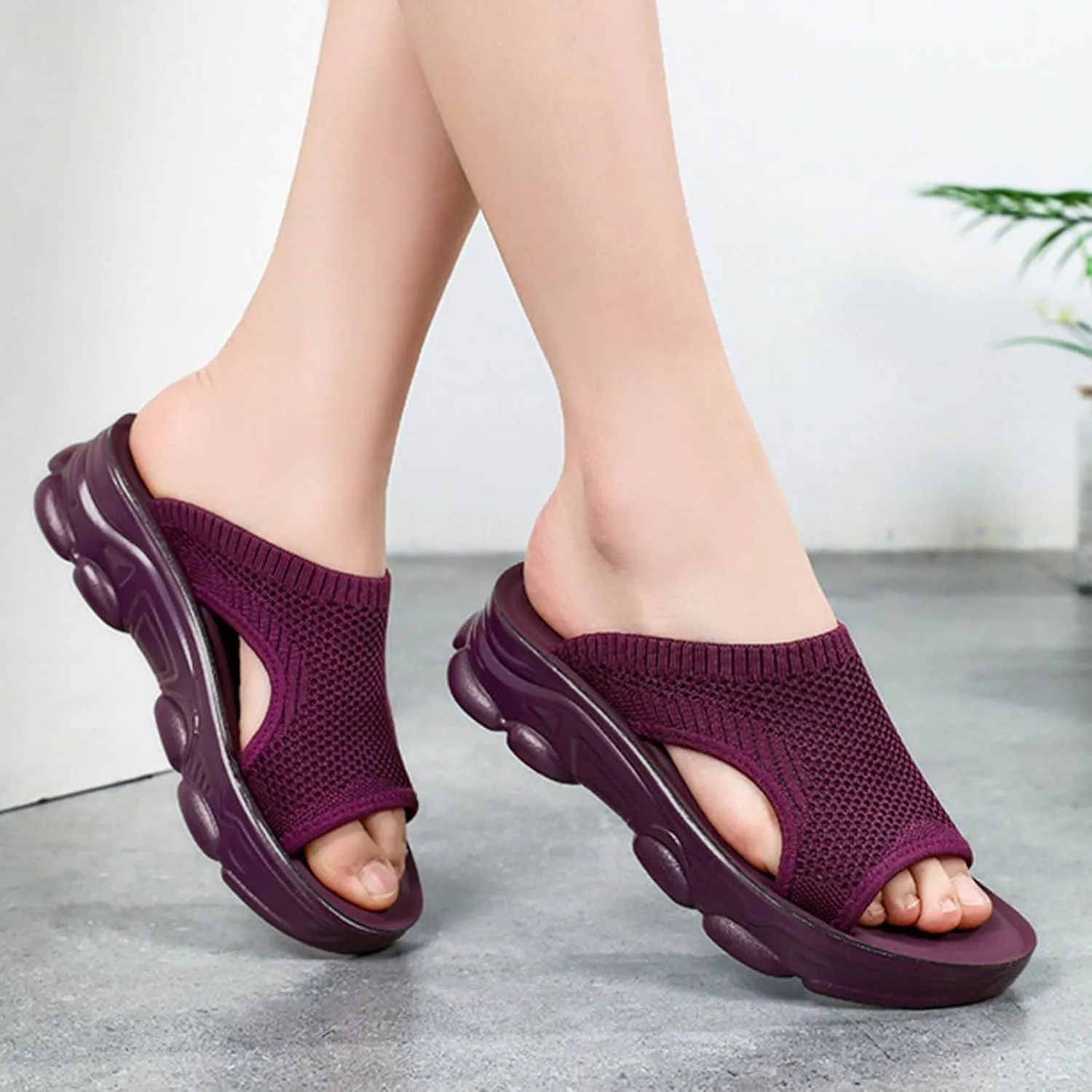 SuanlaTDS Wedge Sandals for Women Comfortable Platform Open Toe Slip On Walking Shoes Outdoor Casual Summer Beach Breathable Mesh Cut Out Low Heels Flat Slide Sandals Slippers