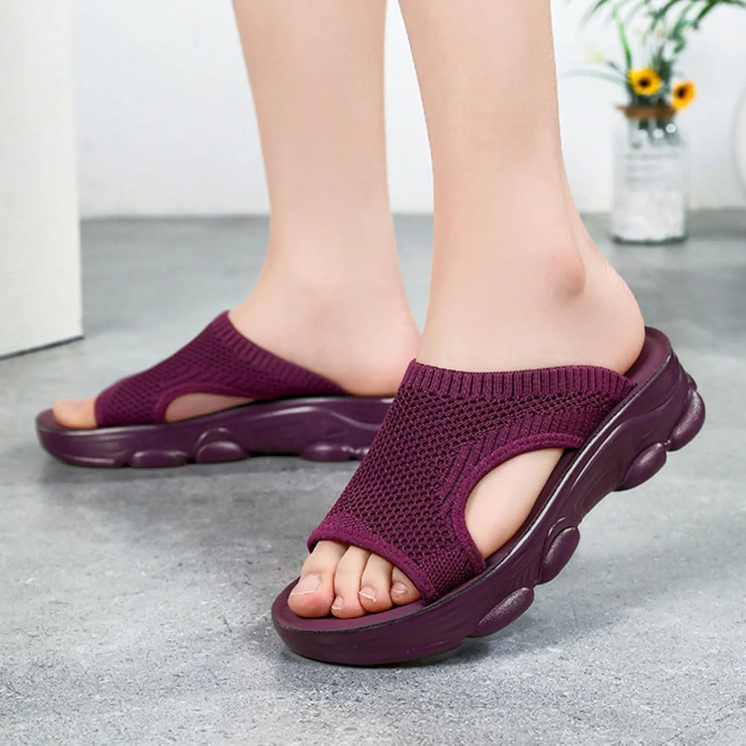 SuanlaTDS Wedge Sandals for Women Comfortable Platform Open Toe Slip On Walking Shoes Outdoor Casual Summer Beach Breathable Mesh Cut Out Low Heels Flat Slide Sandals Slippers