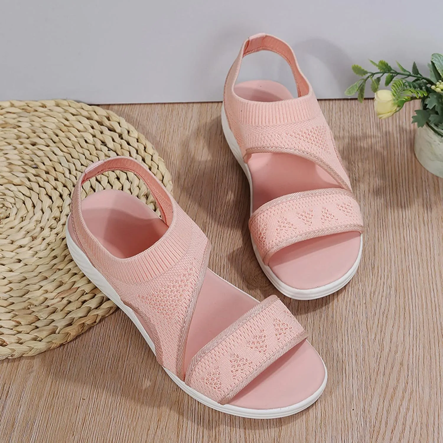 SuanlaTDS Wedge Sandals for Women Comfortable Platform Wedges Open Toe Slip On Breathable Mesh Walking Shoes Flat Slingback Thick Soled Low Heels Outdoor Summer Beach Sandals