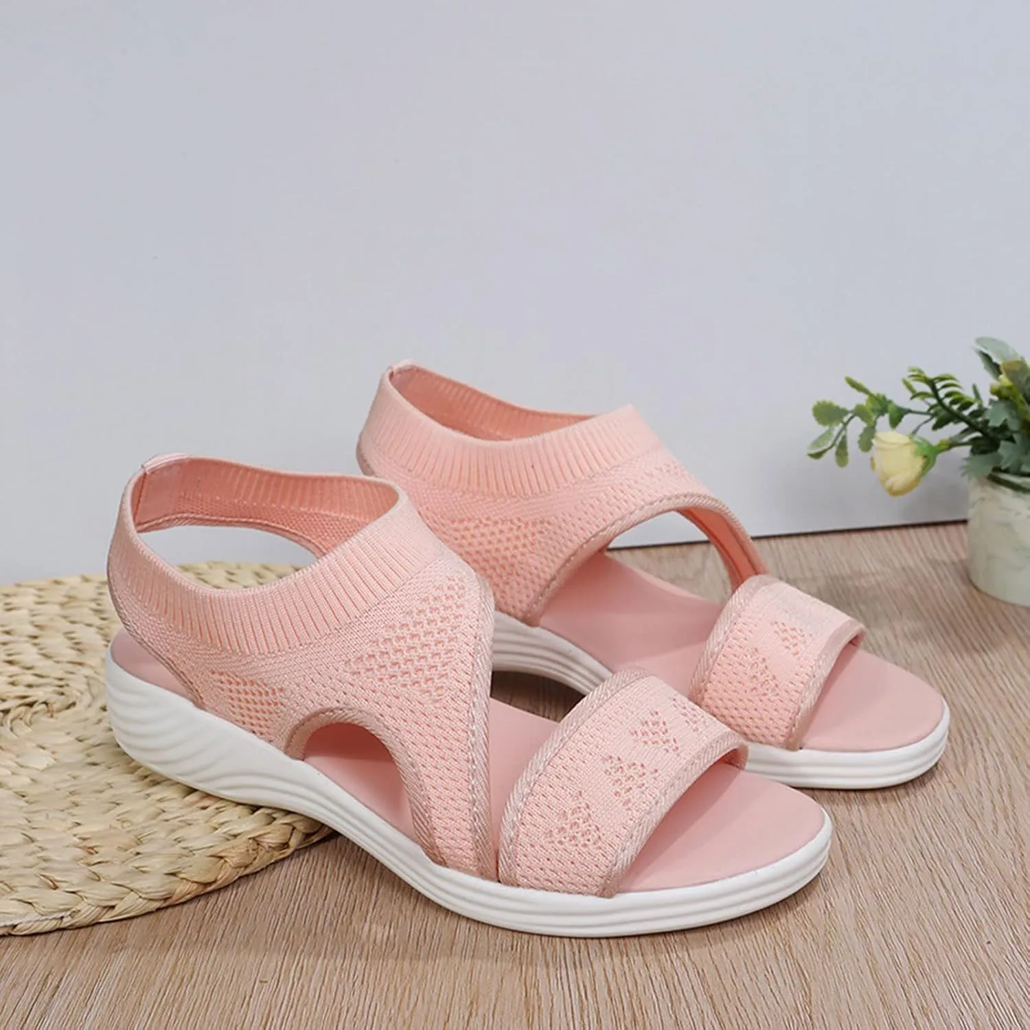 SuanlaTDS Wedge Sandals for Women Comfortable Platform Wedges Open Toe Slip On Breathable Mesh Walking Shoes Flat Slingback Thick Soled Low Heels Outdoor Summer Beach Sandals