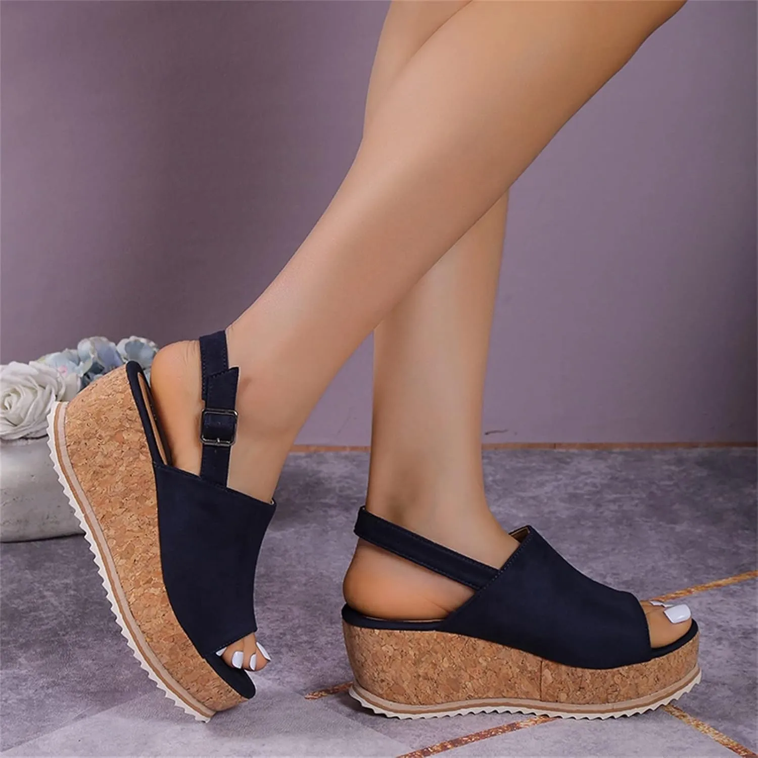 SuanlaTDS Wedge Sandals for Women Platform Chunky Heels Comfortable Open Toe Summer Casual Beach Slingback Ankle Strap Slip On Slides Sandals Wedges Stylish Dressy Party Walking Shoes