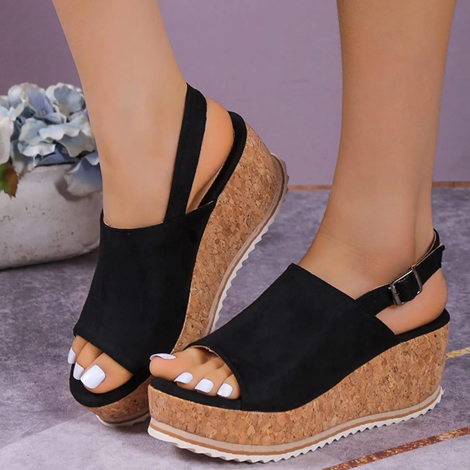 SuanlaTDS Wedge Sandals for Women Platform Chunky Heels Comfortable Open Toe Summer Casual Beach Slingback Ankle Strap Slip On Slides Sandals Wedges Stylish Dressy Party Walking Shoes