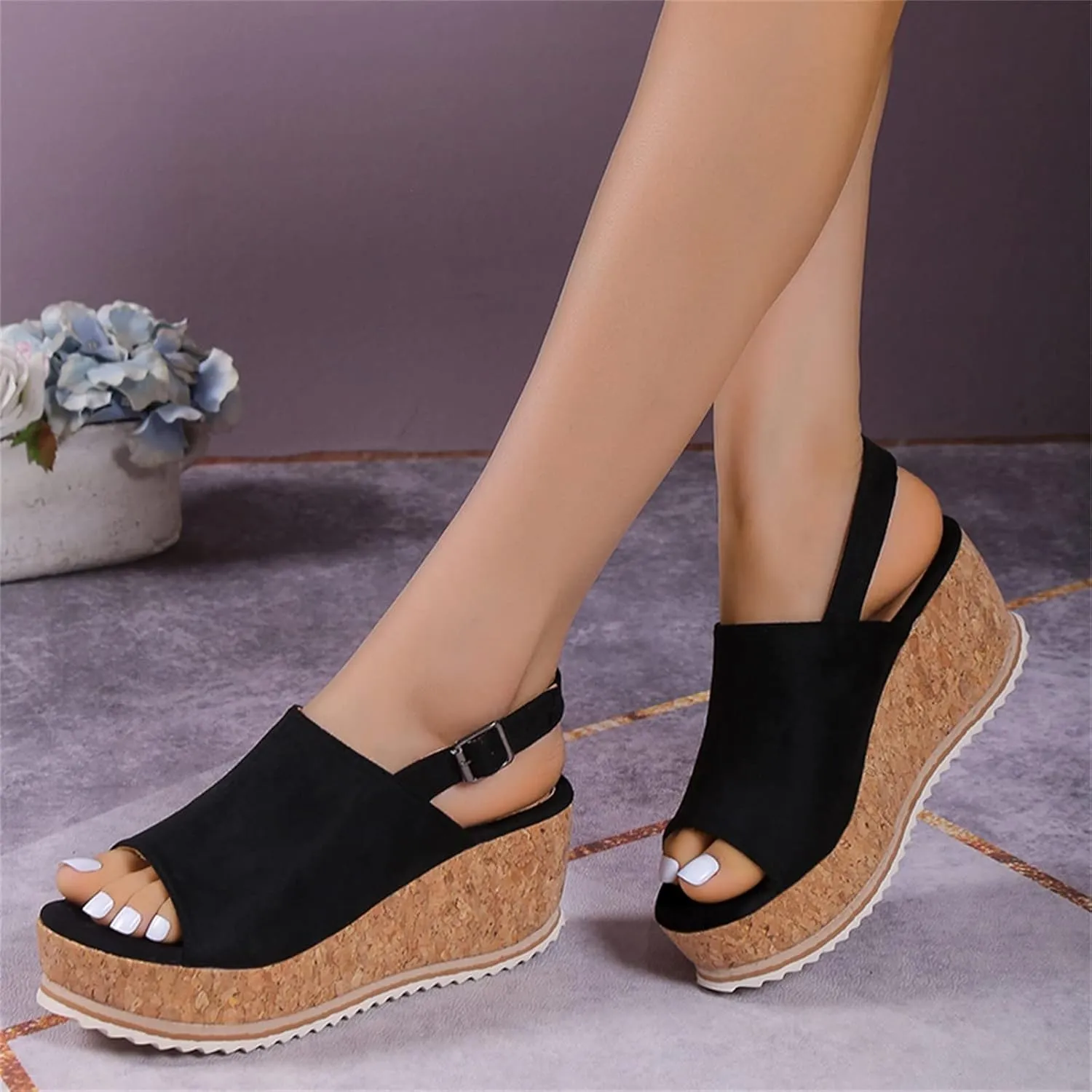 SuanlaTDS Wedge Sandals for Women Platform Chunky Heels Comfortable Open Toe Summer Casual Beach Slingback Ankle Strap Slip On Slides Sandals Wedges Stylish Dressy Party Walking Shoes