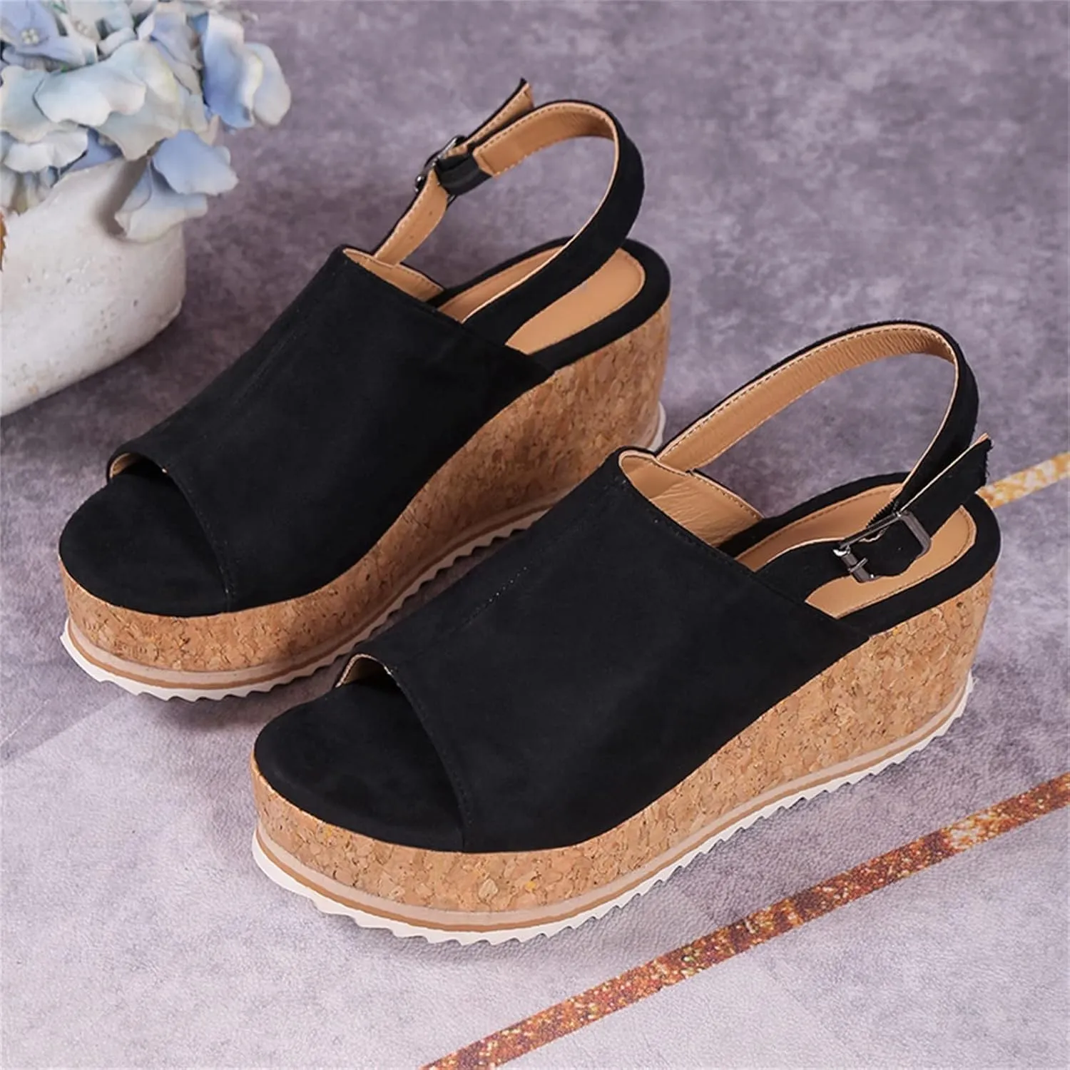 SuanlaTDS Wedge Sandals for Women Platform Chunky Heels Comfortable Open Toe Summer Casual Beach Slingback Ankle Strap Slip On Slides Sandals Wedges Stylish Dressy Party Walking Shoes