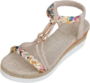 SuanlaTDS Wedge Sandals for Women Summer 2025 Espadrilles Elastic Ankle Strap Slip-on Slides Comfortable Open Toe Beach Shoes Walking Outdoor Boho Dressy Platform Low Heels Wedges Sandal