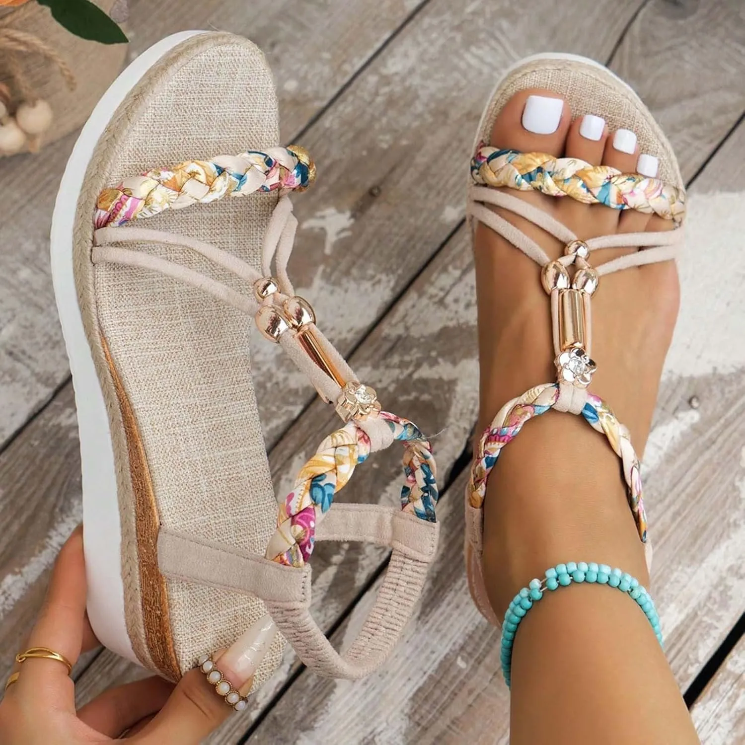 SuanlaTDS Wedge Sandals for Women Summer 2025 Espadrilles Elastic Ankle Strap Slip-on Slides Comfortable Open Toe Beach Shoes Walking Outdoor Boho Dressy Platform Low Heels Wedges Sandal