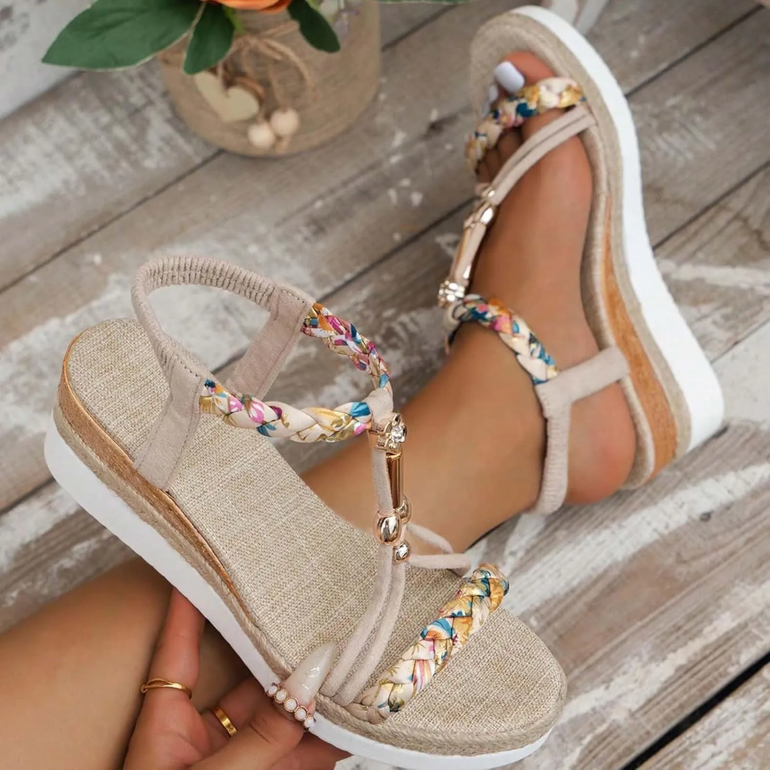 SuanlaTDS Wedge Sandals for Women Summer 2025 Espadrilles Elastic Ankle Strap Slip-on Slides Comfortable Open Toe Beach Shoes Walking Outdoor Boho Dressy Platform Low Heels Wedges Sandal