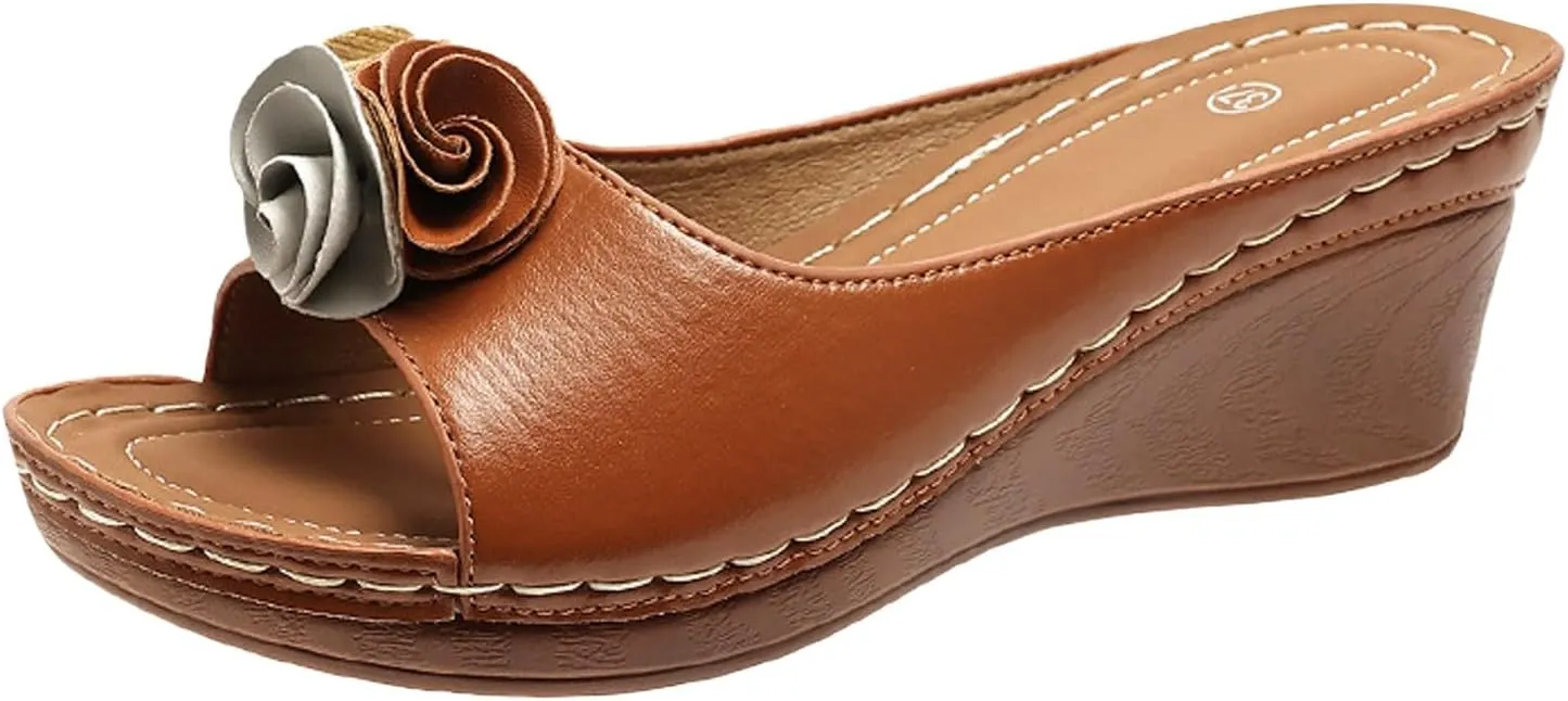 SuanlaTDS Women's Platform Wedge Sandals Flower Open-toe Slip On Slides Sandals Comfortable Casual Summer Peep Toe Slingback Low Heels Wedges Sandals Elegant Party Work Shoes