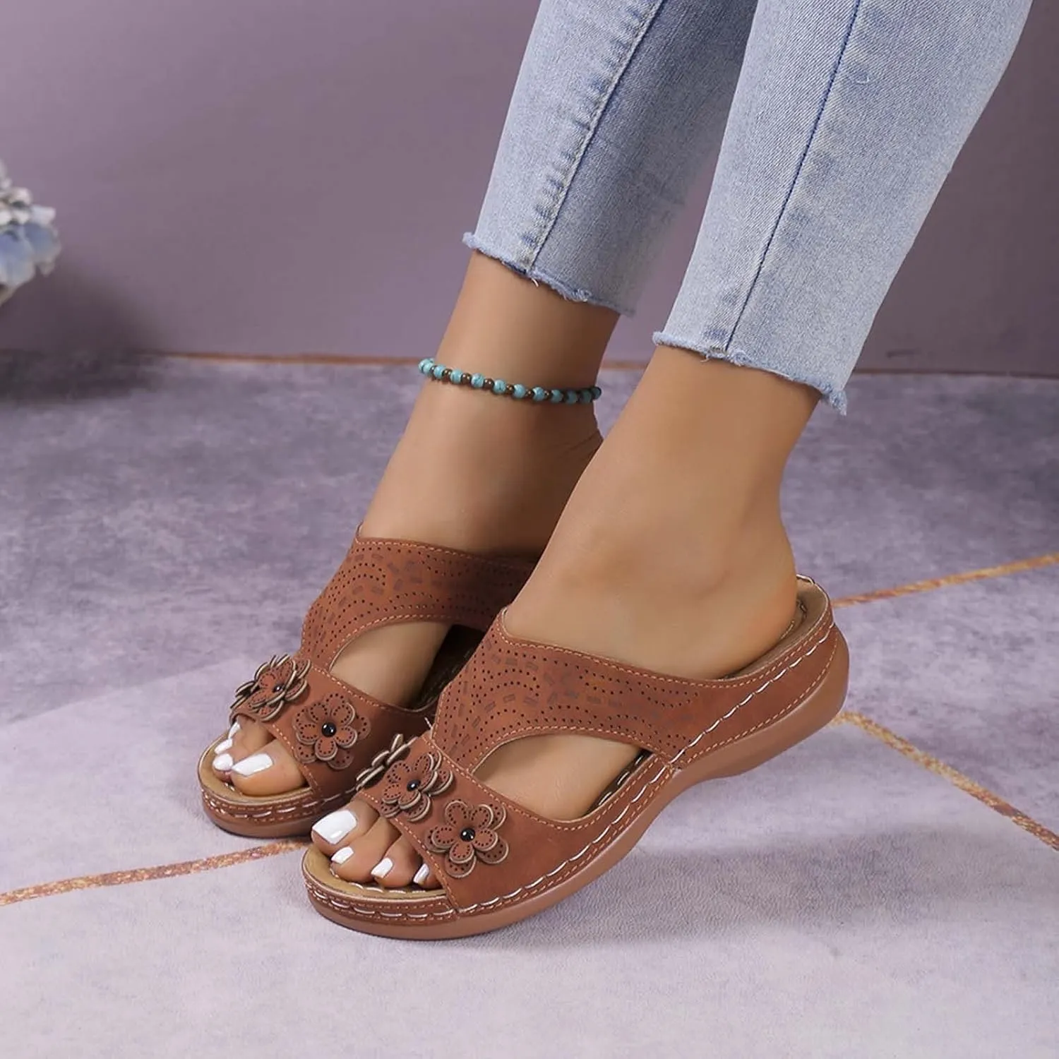 SuanlaTDS Womens Sandals Comfortable Platform Wedge Orthopedic with Arch Support Open Toe Slip On Slide Sandals Summer Beach Sandal Slippers Low Wedges Heels Outdoor Walking Shoes