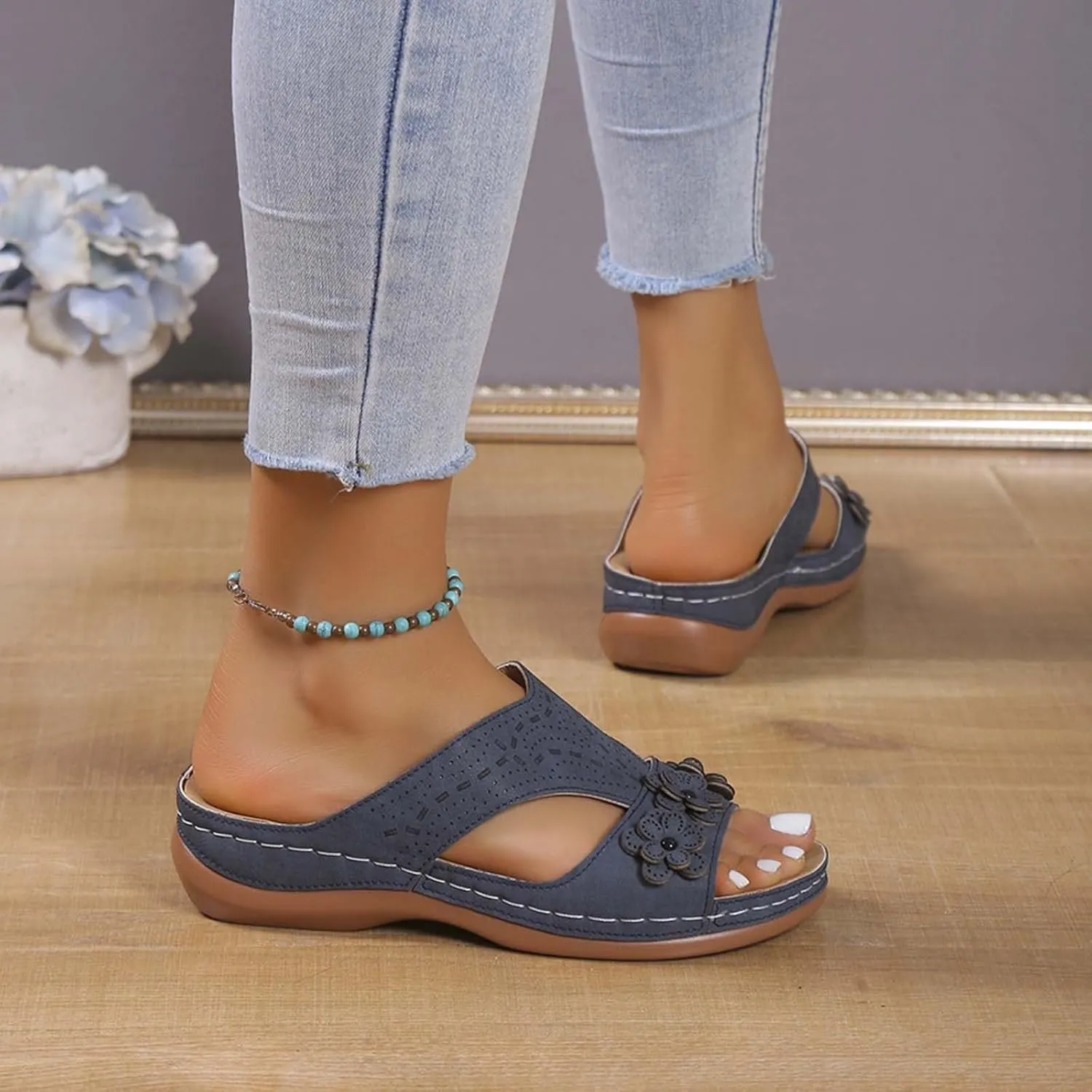 SuanlaTDS Womens Sandals Comfortable Platform Wedge Orthopedic with Arch Support Open Toe Slip On Slide Sandals Summer Beach Sandal Slippers Low Wedges Heels Outdoor Walking Shoes
