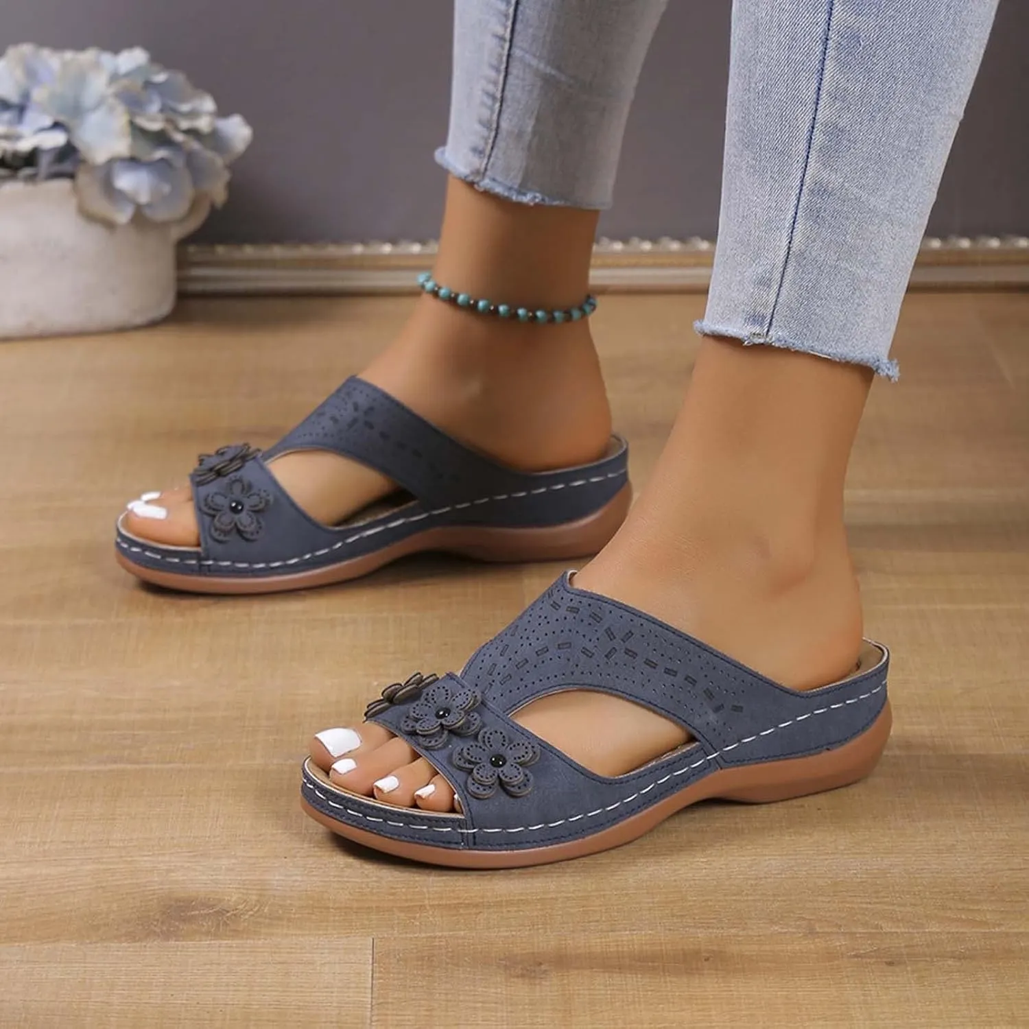 SuanlaTDS Womens Sandals Comfortable Platform Wedge Orthopedic with Arch Support Open Toe Slip On Slide Sandals Summer Beach Sandal Slippers Low Wedges Heels Outdoor Walking Shoes