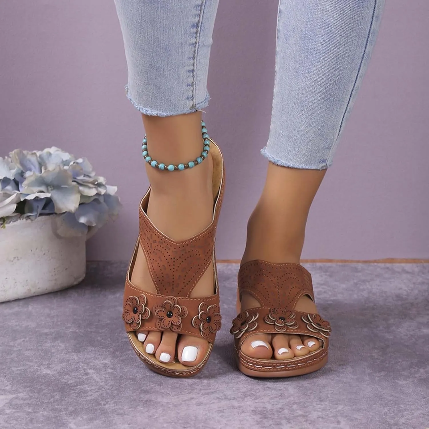 SuanlaTDS Womens Sandals Comfortable Platform Wedge Orthopedic with Arch Support Open Toe Slip On Slide Sandals Summer Beach Sandal Slippers Low Wedges Heels Outdoor Walking Shoes