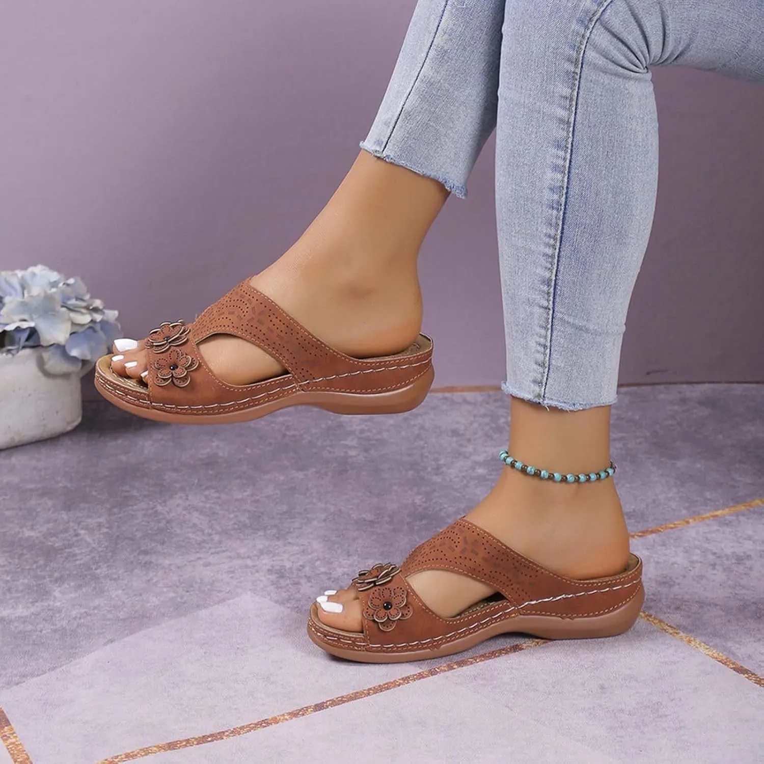 SuanlaTDS Womens Sandals Comfortable Platform Wedge Orthopedic with Arch Support Open Toe Slip On Slide Sandals Summer Beach Sandal Slippers Low Wedges Heels Outdoor Walking Shoes