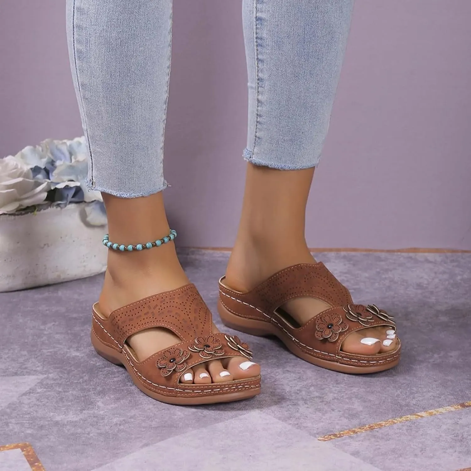 SuanlaTDS Womens Sandals Comfortable Platform Wedge Orthopedic with Arch Support Open Toe Slip On Slide Sandals Summer Beach Sandal Slippers Low Wedges Heels Outdoor Walking Shoes