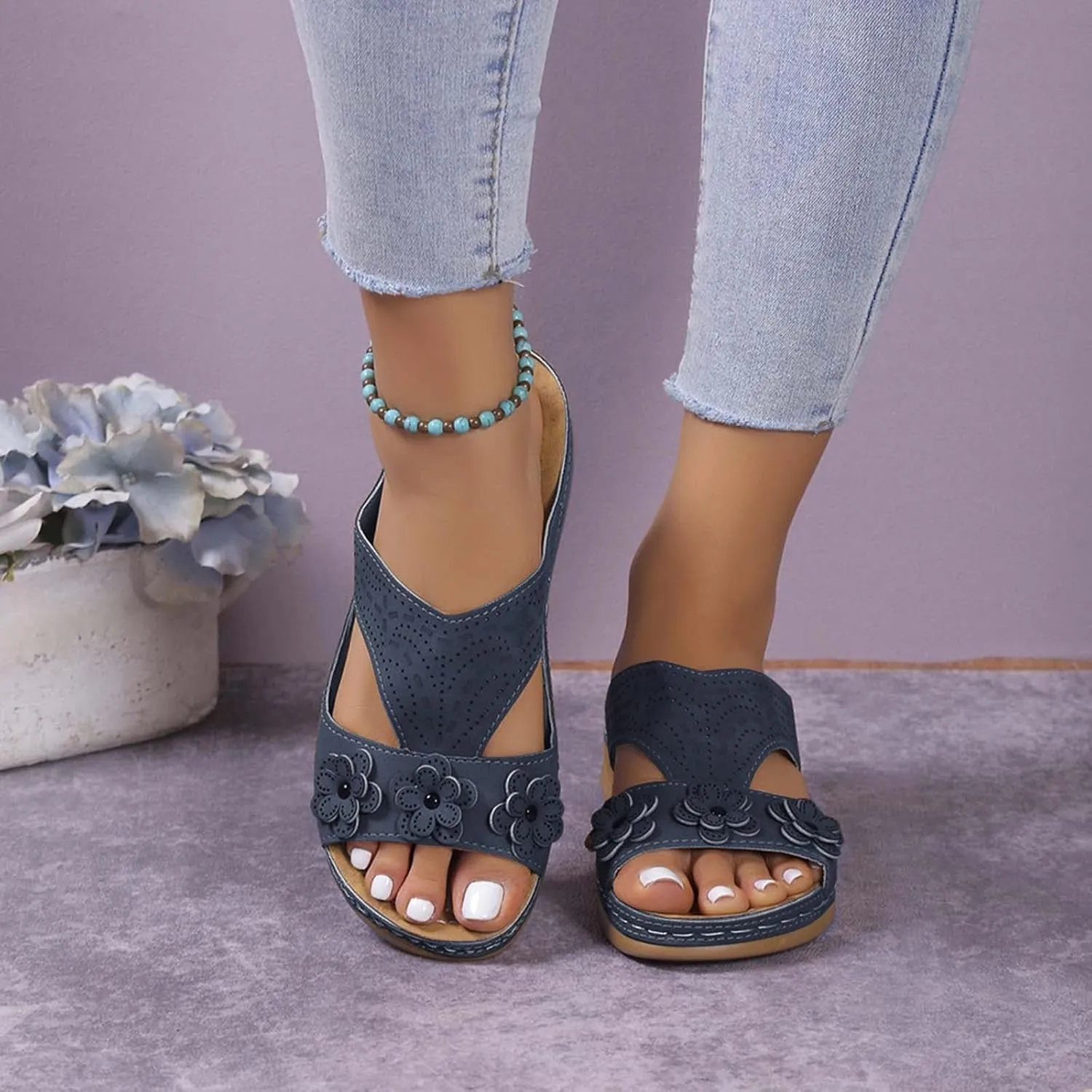 SuanlaTDS Womens Sandals Comfortable Platform Wedge Orthopedic with Arch Support Open Toe Slip On Slide Sandals Summer Beach Sandal Slippers Low Wedges Heels Outdoor Walking Shoes