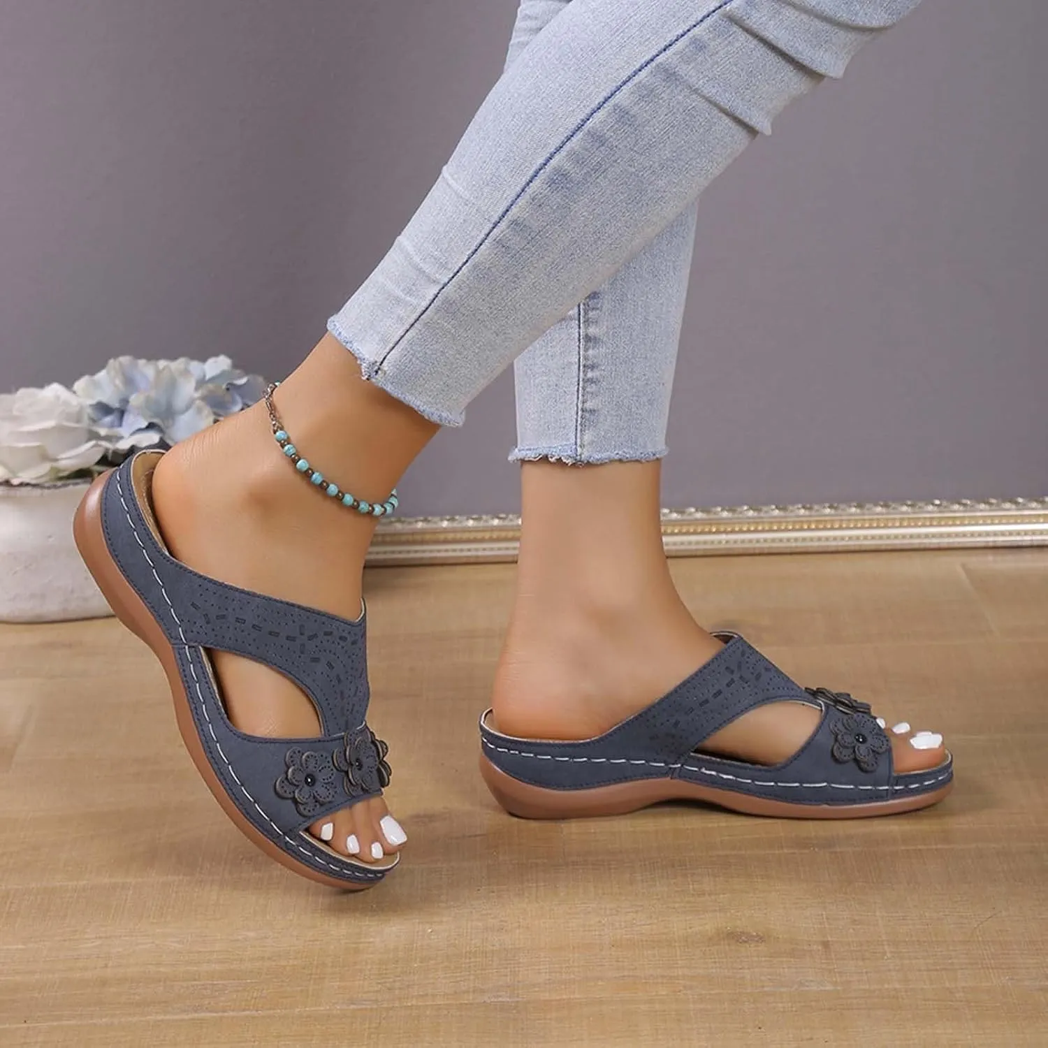 SuanlaTDS Womens Sandals Comfortable Platform Wedge Orthopedic with Arch Support Open Toe Slip On Slide Sandals Summer Beach Sandal Slippers Low Wedges Heels Outdoor Walking Shoes