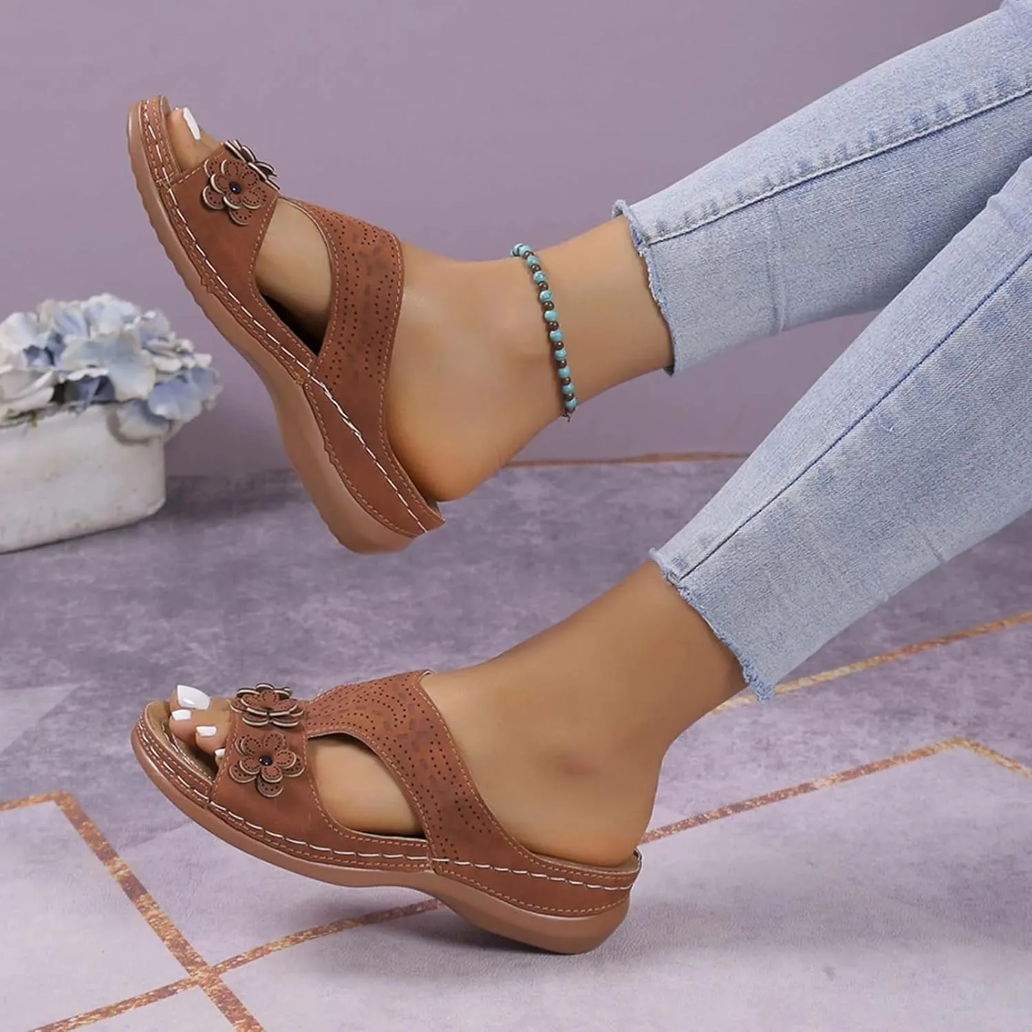 SuanlaTDS Womens Sandals Comfortable Platform Wedge Orthopedic with Arch Support Open Toe Slip On Slide Sandals Summer Beach Sandal Slippers Low Wedges Heels Outdoor Walking Shoes